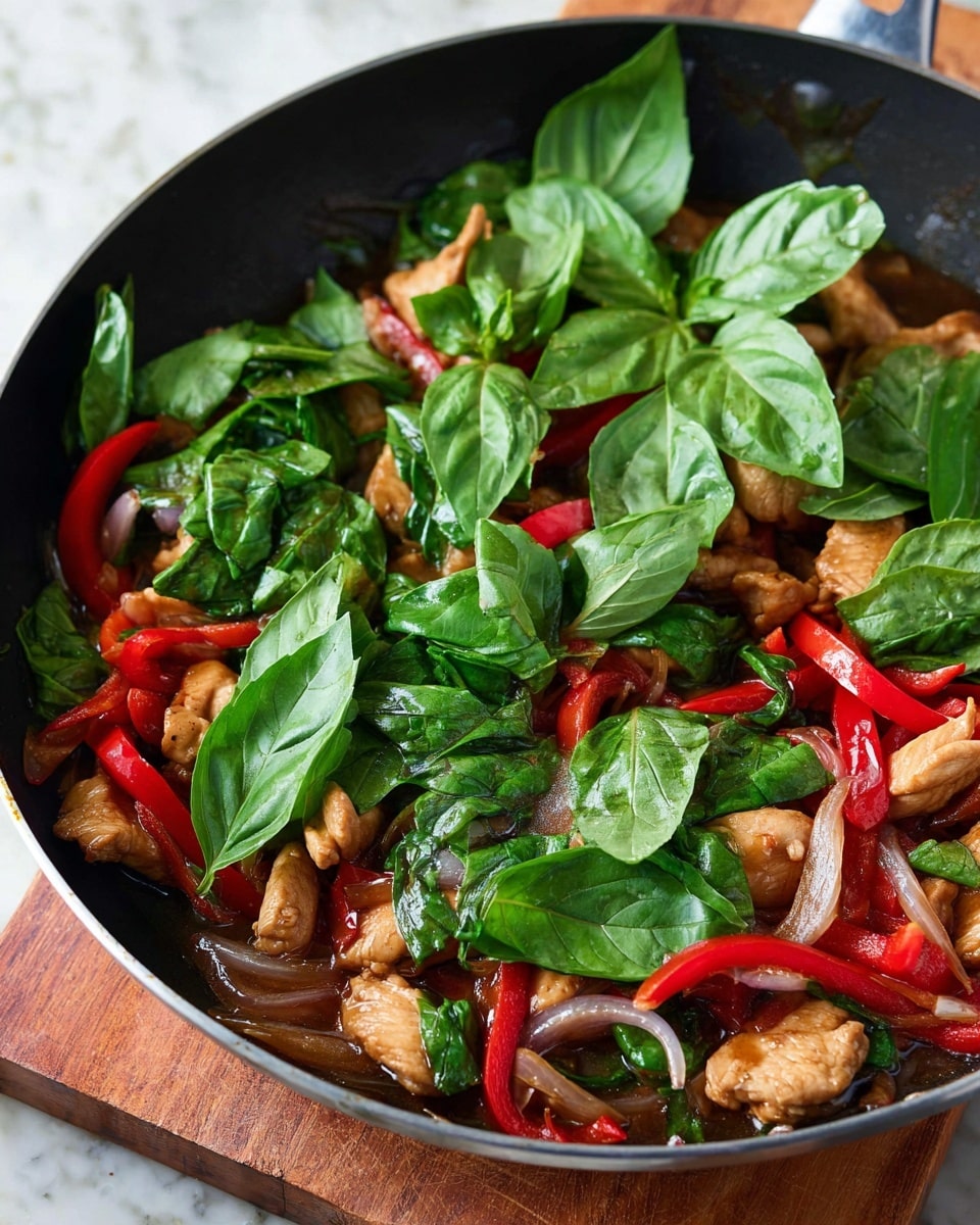 A black pan filled with three main layers: large fresh green basil leaves on top with a shiny texture, underneath bright red thin strips of bell pepper mixed with light brown chunks of cooked chicken, and visible thin slices of translucent red onion scattered in a rich, glossy brown sauce. The pan sits on a wooden board, with a white marbled surface in the background. Photo taken with an iphone --ar 4:5 --v 7