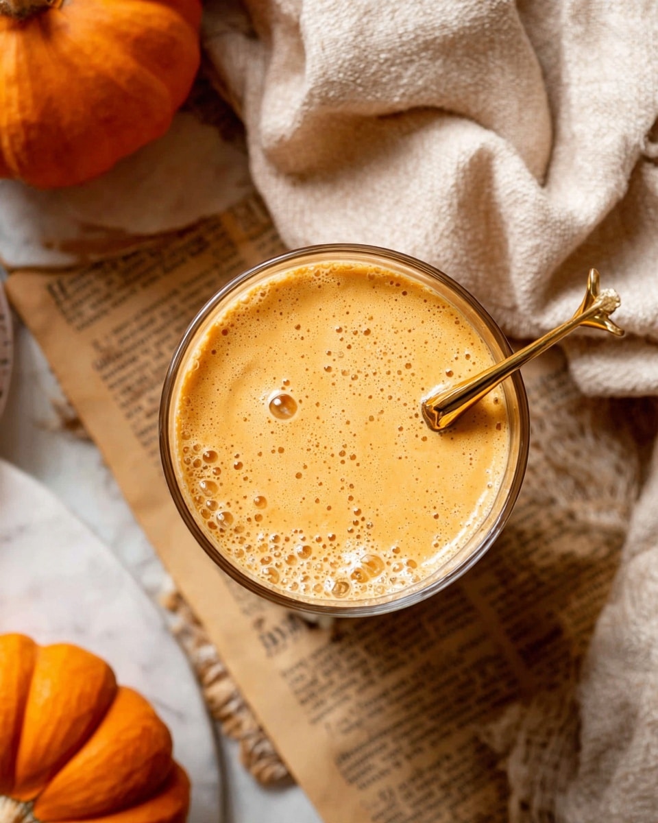 A close-up top view of a clear glass filled with smooth, light orange creamy pumpkin drink with tiny bubbles scattered on the surface, a gold spoon with a fish tail shaped handle inside the glass. The glass is placed on a layer of old newspaper pages with a visible texture, and a beige fabric is draped in soft folds in the upper background. A small orange pumpkin is placed on the left side of the image, partially in view, sitting on a white marbled surface. Photo taken with an iphone --ar 4:5 --v 7