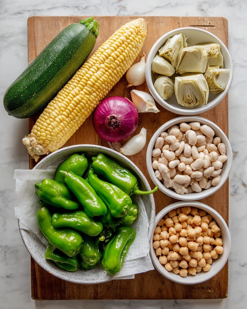 The image shows a wooden board on a white marbled surface with fresh vegetables and legumes arranged neatly. At the bottom left, there is a small dark green zucchini next to a yellow and white corn cob. Near the top left corner, two shallots and three garlic cloves sit close to a halved small purple onion. In the center bottom, a white speckled bowl is filled with many bright green, shiny peppers resting on white paper towels. To the top right of the peppers, a white bowl holds pale chunks of artichoke. Next to this, another white bowl is filled with light beige beans, while to its right, a similar sized white bowl contains round, tan chickpeas. The whole setup is clear and colorful, showing fresh ingredients ready for cooking photo taken with an iphone --ar 4:5 --v 7