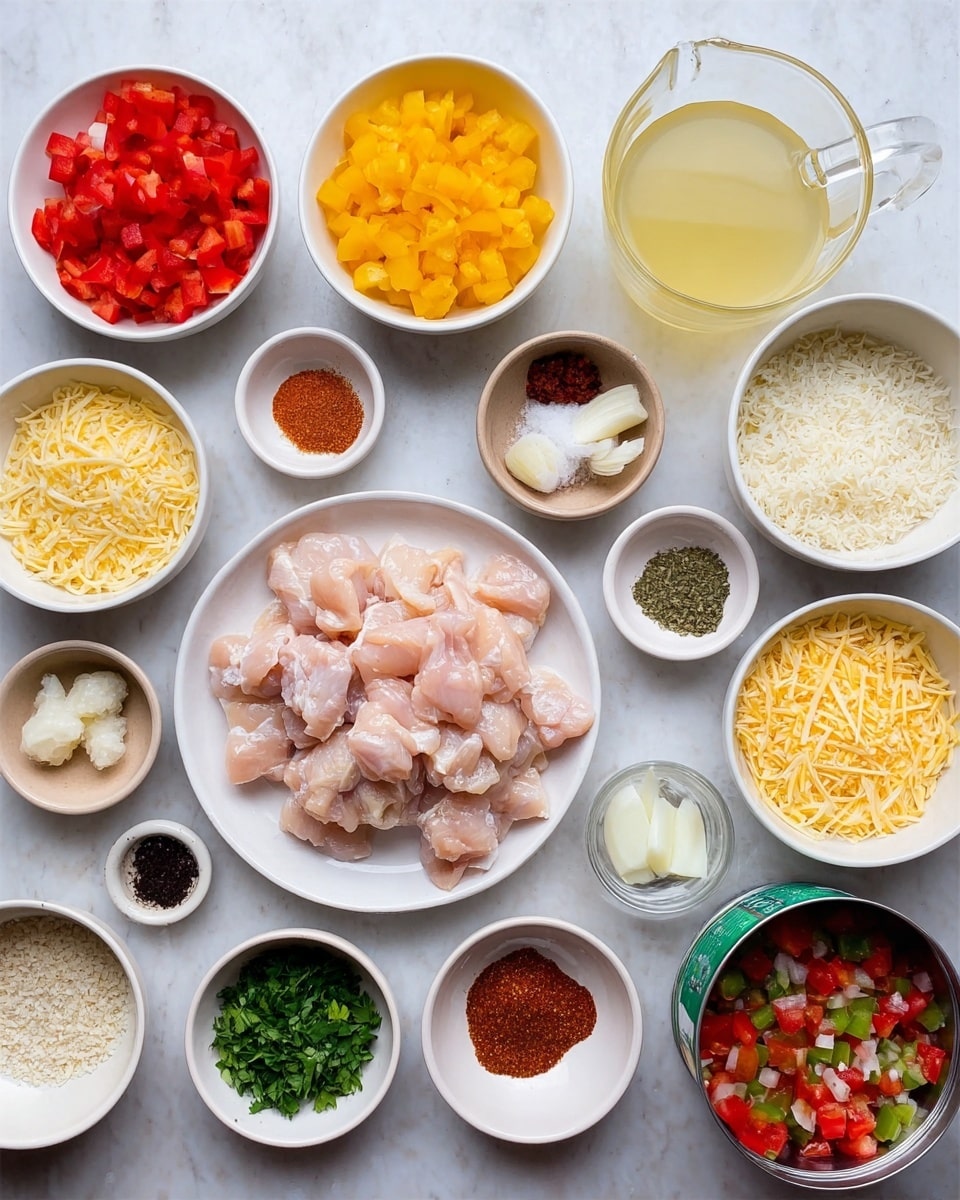 The image shows many small white bowls and one white plate arranged over a white marbled surface, each holding a different ingredient. In the center, a white plate holds raw chicken pieces. Around it, there are bowls with chopped yellow and red bell peppers, chopped onions, shredded cheese, and uncooked rice. Small bowls hold various spices in red, brown, and black colors, minced garlic, dried herbs, salt, and chopped green herbs. There is a glass measuring cup filled with light yellow broth and an open can of diced tomatoes with green peppers. The colors are bright and fresh, with the white containers making all ingredients stand out clearly. Photo taken with an iphone --ar 4:5 --v 7