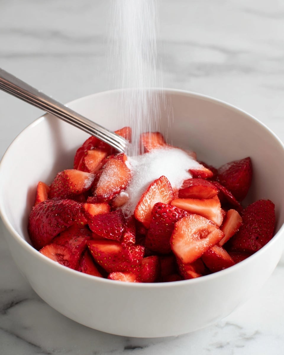 A white bowl filled with many bright red sliced strawberries, showing their juicy texture and seeds clearly, sits on a white marbled surface. Above the bowl, a stream of fine white sugar is being poured down evenly into the strawberries. A silver spoon rests inside the bowl, partially covered by the strawberries, angled from right to left. The colors are fresh and vibrant with the contrast of white sugar and red strawberries. photo taken with an iphone --ar 4:5 --v 7