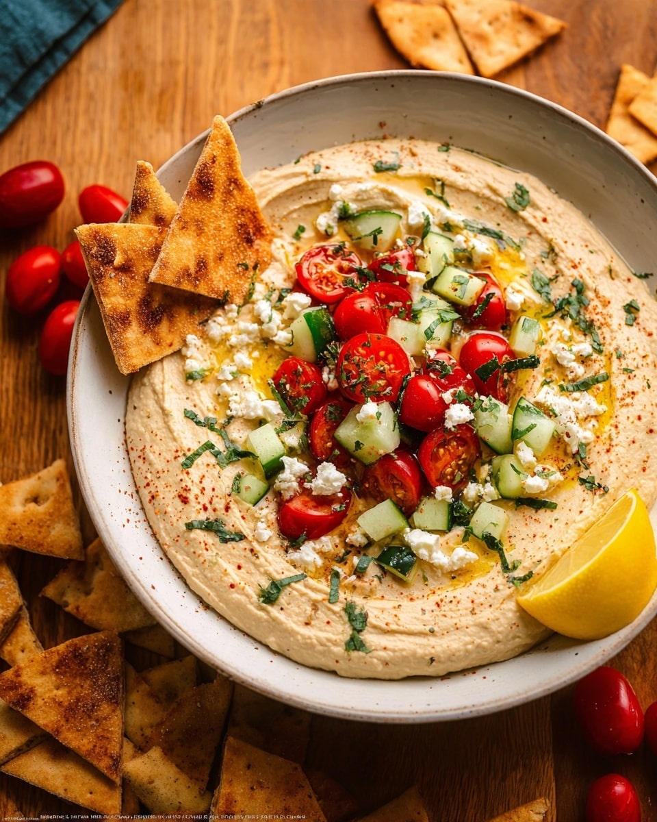 A white bowl filled with a thick layer of creamy beige hummus, spread evenly with smooth swirls on the bottom, topped with scattered small chunks of bright red halved cherry tomatoes and diced dark green cucumbers. Crumbled white cheese is sprinkled over the top along with small green dill leaves and a few black pepper specks. A single bright yellow lemon wedge rests on the right side of the hummus. The bowl sits on a white marbled surface and is surrounded by triangular toasted pita chips that are golden brown with small dark spots. Photo taken with an iphone --ar 4:5 --v 7