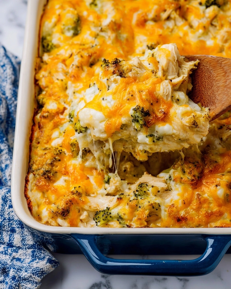 A close-up view of a baked casserole in a white baking dish with blue handles, showing multiple layers. The bottom layer is made of shredded chicken pieces mixed with small broccoli florets, both covered by a thick and bubbly layer of melted cheese. The cheese layer has a mix of white and orange cheese, melted evenly with a slightly crispy edge around the dish. A wooden spoon lifts a portion of the casserole, revealing gooey melted cheese stretching between the spoon and the casserole. The background includes a white marbled surface with a blue and white cloth in soft focus. photo taken with an iphone --ar 4:5 --v 7