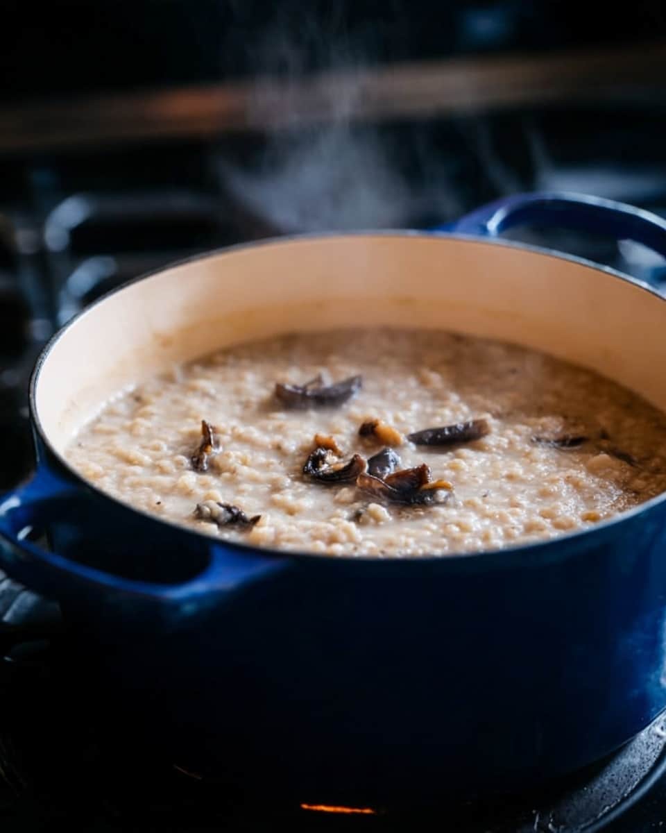 A close-up view of a blue pot filled with thick beige porridge that has visible grains and some dark brown mushroom pieces scattered on top, resting on a stove. The pot has two black handles on each side, and steam is gently rising from the creamy textured porridge inside. The background is softly blurred, keeping the focus on the pot and its steaming contents. photo taken with an iphone --ar 4:5 --v 7