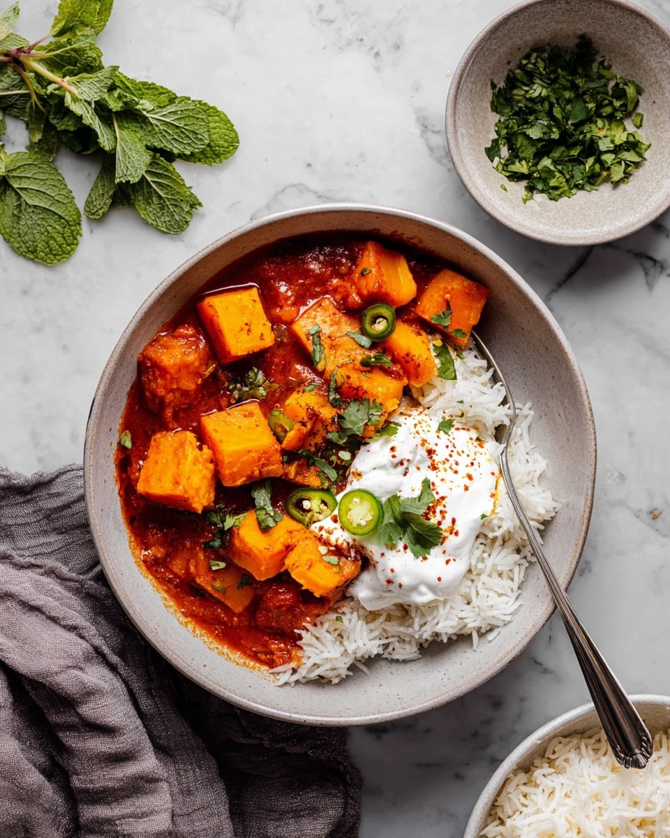 A bowl with cubes of orange pumpkin in a red sauce, topped on one side with white rice and a dollop of white yogurt or cream, garnished with small green chili slices and cilantro leaves; a silver spoon is resting inside the bowl at the front. On the top left, a sprig of fresh mint is laid on the white marbled surface, next to a folded grey cloth. To the upper right, there is a small bowl filled with chopped green herbs, and a white bowl with rice is partially visible. The setting is on a white marbled surface with soft natural light. Photo taken with an iphone --ar 4:5 --v 7