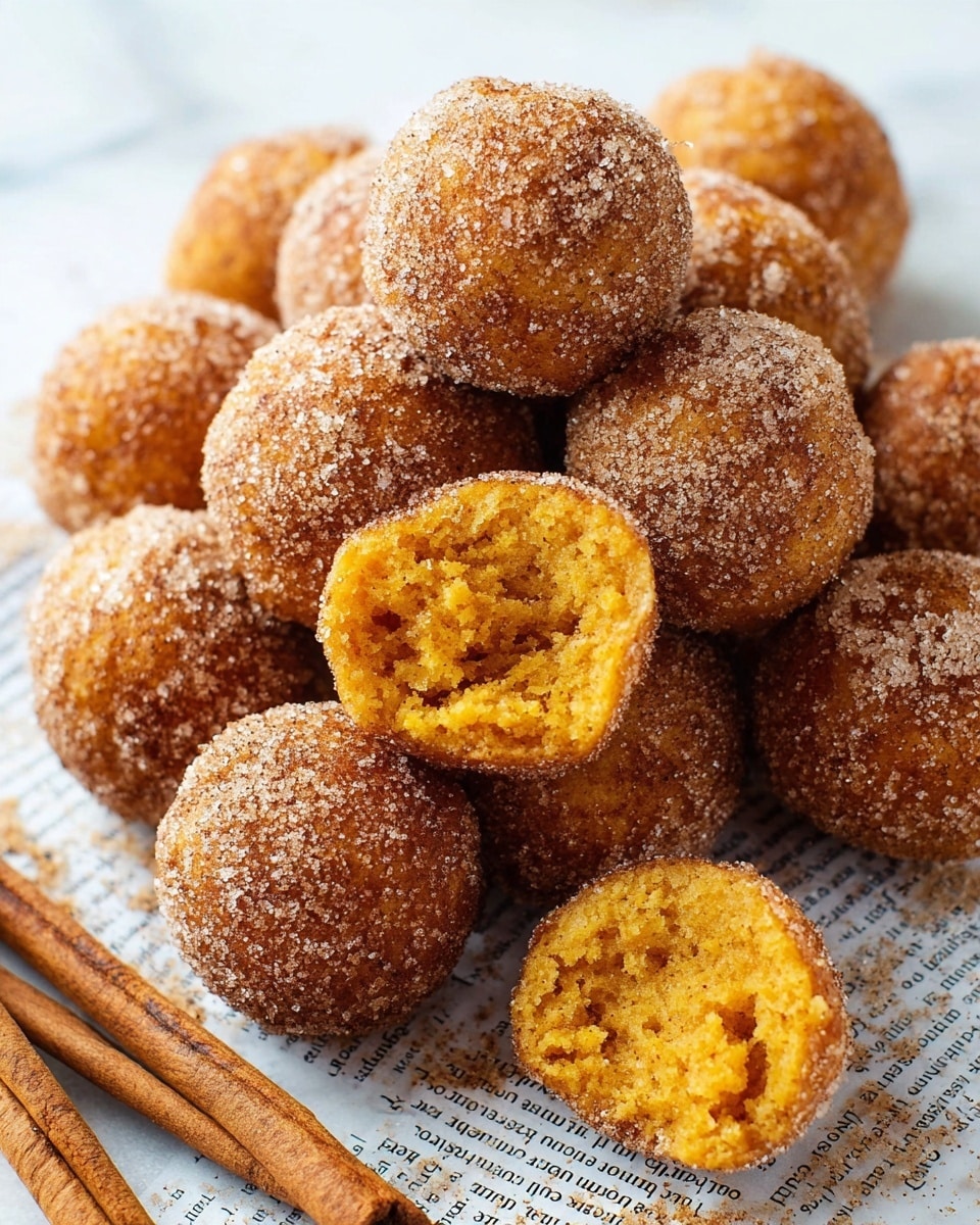 A pile of round, golden-brown donut holes covered in a light coating of sugar and cinnamon sits on white marbled surface with a piece of newspaper beneath them. One donut hole in the center is torn open, showing a soft, moist, orange-yellow inside with a fluffy texture. Two cinnamon sticks lay on the left side, adding a warm brown color contrast. The donut holes are slightly irregular in shape and have a crumbly, textured outside. photo taken with an iphone --ar 4:5 --v 7