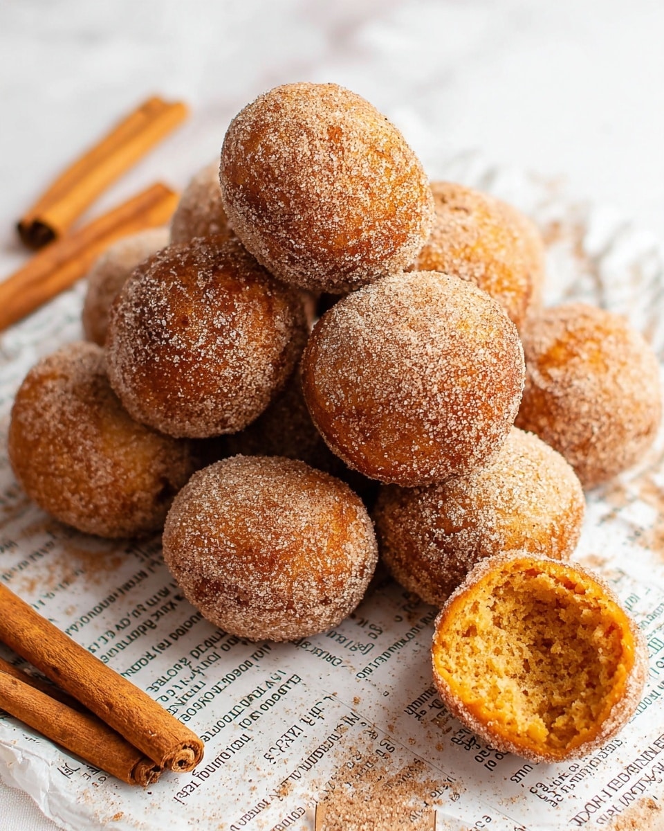 A pile of round golden brown doughnuts covered in a fine layer of cinnamon sugar is placed on white marbled paper that looks like newspaper print. Thin sticks of cinnamon rest beside the doughnuts on the left side, adding a warm brown color contrast. One doughnut is broken in half on the right edge, showing a soft, fluffy, deep orange inside. The doughnuts have a slightly rough texture from the sugar coating and look soft and fresh. The whole scene sits on a white marbled surface, creating a clean and bright look photo taken with an iphone --ar 4:5 --v 7