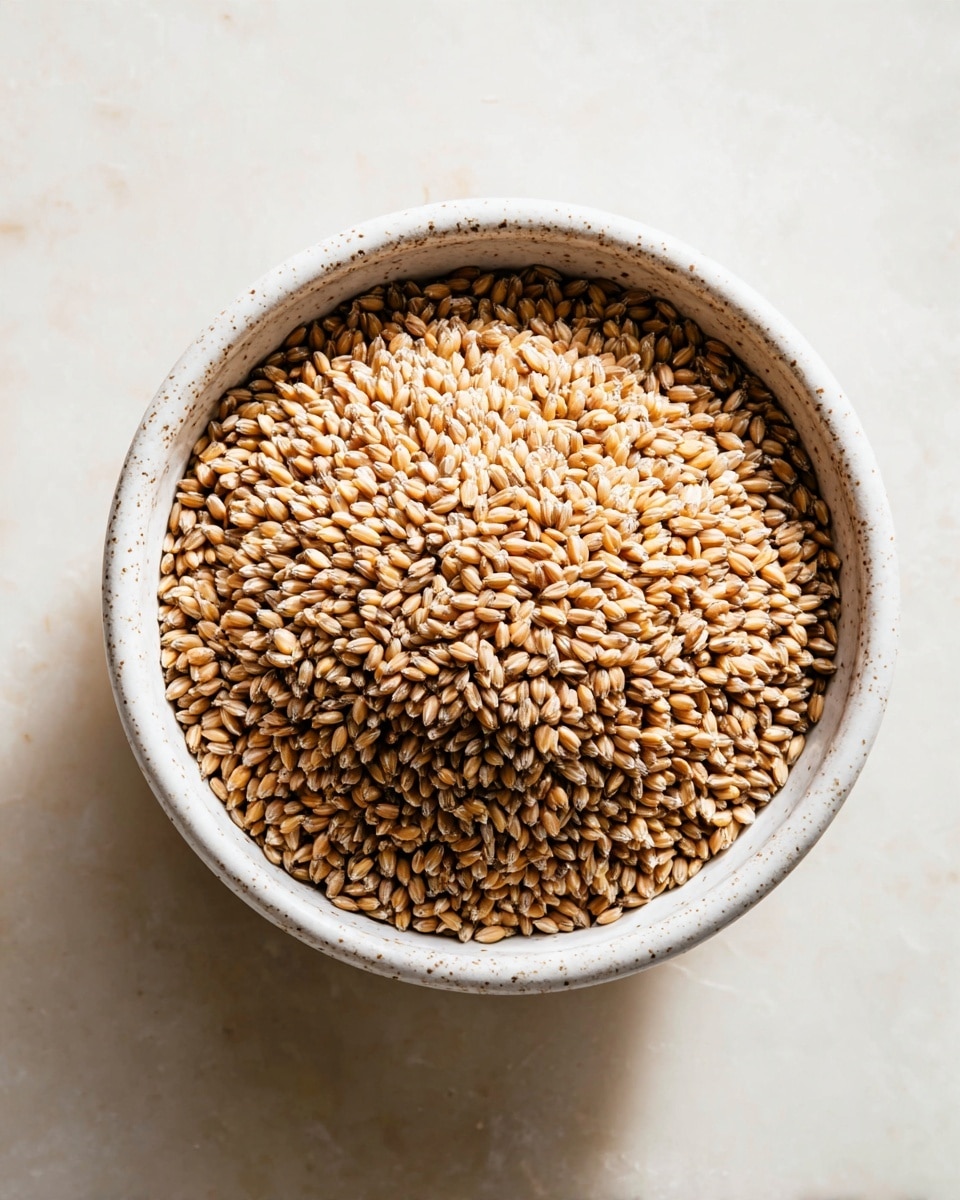 A close-up top view of a white speckled bowl filled with light brown, smooth textured grains that fill the bowl to the top edge. The bowl sits on a white marbled surface with soft natural light making some parts of the grains shine slightly. The grains are packed closely together, giving the dish a single uniform layer of small oval shapes with a matte finish. photo taken with an iphone --ar 4:5 --v 7