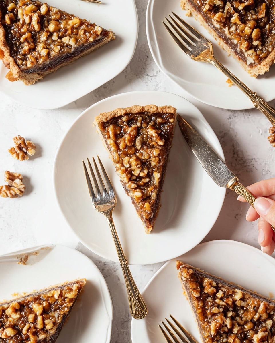The image shows several slices of nut-topped pie arranged on white plates with curved edges, placed on a white marbled surface. Each pie slice has two visible layers: a darker brown base layer and a top layer covered with a thick coating of chopped walnuts and a shiny glaze, giving a crunchy texture. Each plate has a silver fork with a gold decorative handle placed next to the slice, with one plate held by a woman's hand giving it a lively touch. The overall lighting is bright, highlighting the textures of the nuts and glaze, creating an inviting look. Photo taken with an iphone --ar 4:5 --v 7