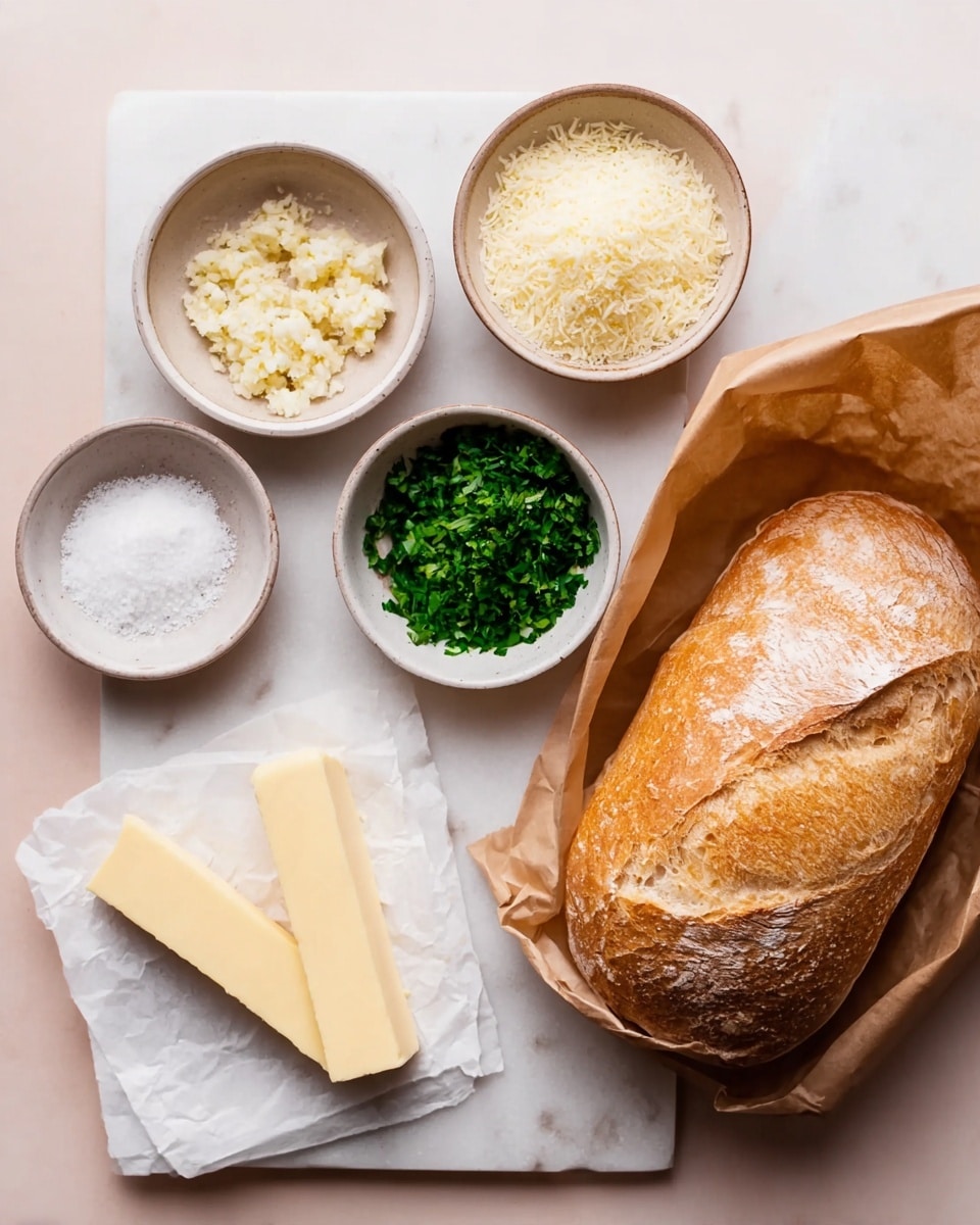 The image shows a loaf of bread partly wrapped in a brown paper bag, placed on a white marbled surface. Around the bread, there are five small bowls and two butter sticks on a piece of white paper. The bowls contain finely grated cheese, chopped garlic, salt, and chopped green herbs. The bread has a golden crust with a soft, light interior visible at the top. The butter sticks are a pale yellow and smooth in texture. The color palette includes warm beige and white tones, giving a fresh and simple look to the ingredients. photo taken with an iphone --ar 4:5 --v 7