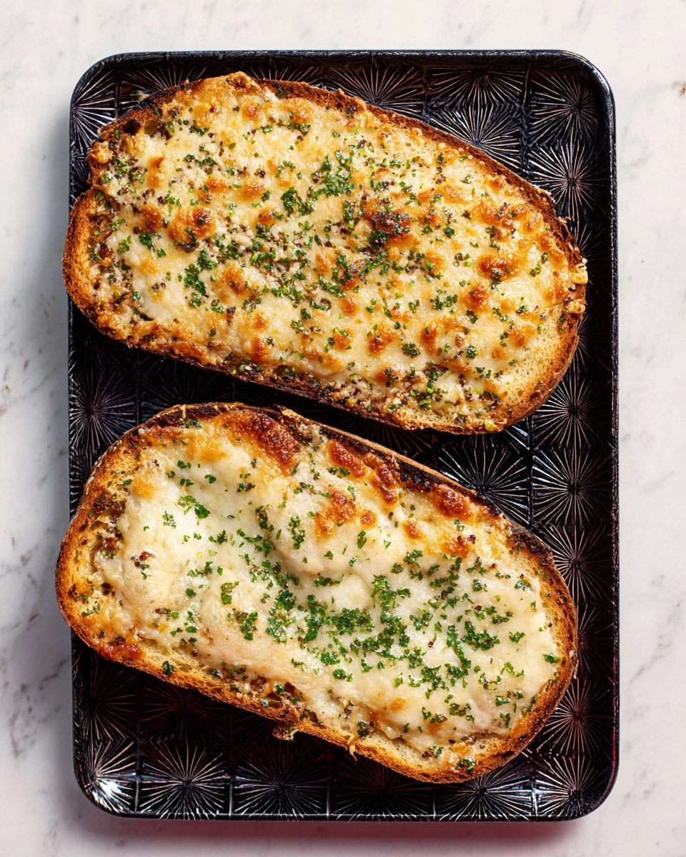 The image shows two slices of toasted bread on a black rectangular baking tray with intricate star patterns. Each slice has a thick layer of melted, bubbly cheese that is golden brown around the edges with some green herbs sprinkled evenly on top. The bread appears crunchy and slightly browned, showing a well-toasted texture underneath the cheese. The tray is placed on a white marbled surface. photo taken with an iphone --ar 4:5 --v 7