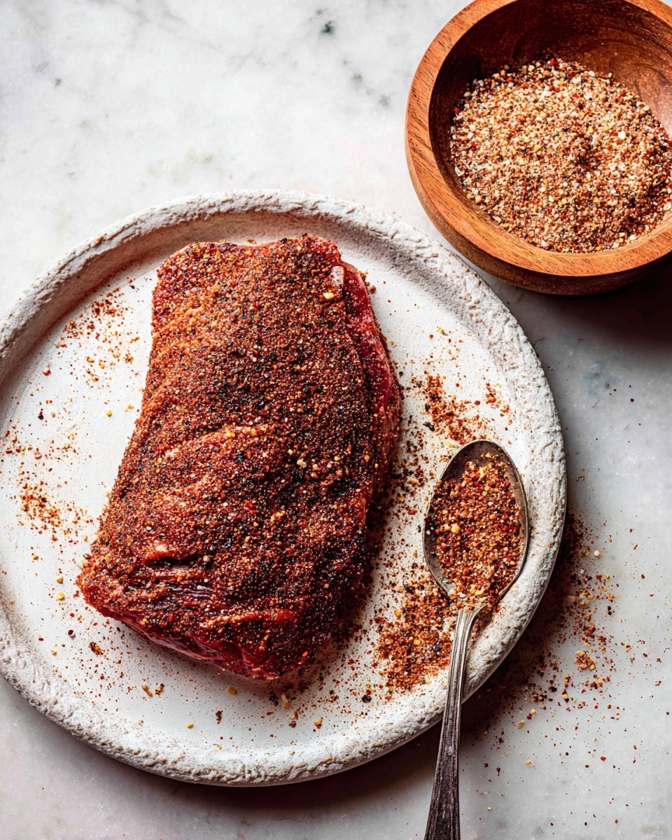 A single piece of raw meat is fully covered with a thick layer of coarse, dark red and black spices, lying in the center of a white plate with a textured rim. The meat has a rough, grainy texture from the seasoning. To the right of the meat, on the white marbled surface, is a metal spoon filled with the same spice mix, some spilling out around it. In the upper right corner of the image, there is a wooden bowl filled with more of the same spice blend, showing a mix of red, brown, and white granules. The photo taken with an iphone --ar 4:5 --v 7