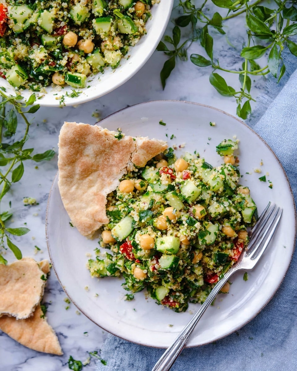 A close-up view of a white plate with a serving of salad made of green chopped cucumbers, light beige chickpeas, and small red tomato pieces mixed with quinoa grains that look white and slightly translucent, garnished with green herbs. On the bottom left side of the plate, there are torn pieces of light beige pita bread with soft texture. A silver fork rests on the right edge of the plate. In the background, there is a white bowl with more of the same salad visible, placed on a light blue cloth on a white marbled surface, with some green plant leaves scattered around. photo taken with an iphone --ar 4:5 --v 7
