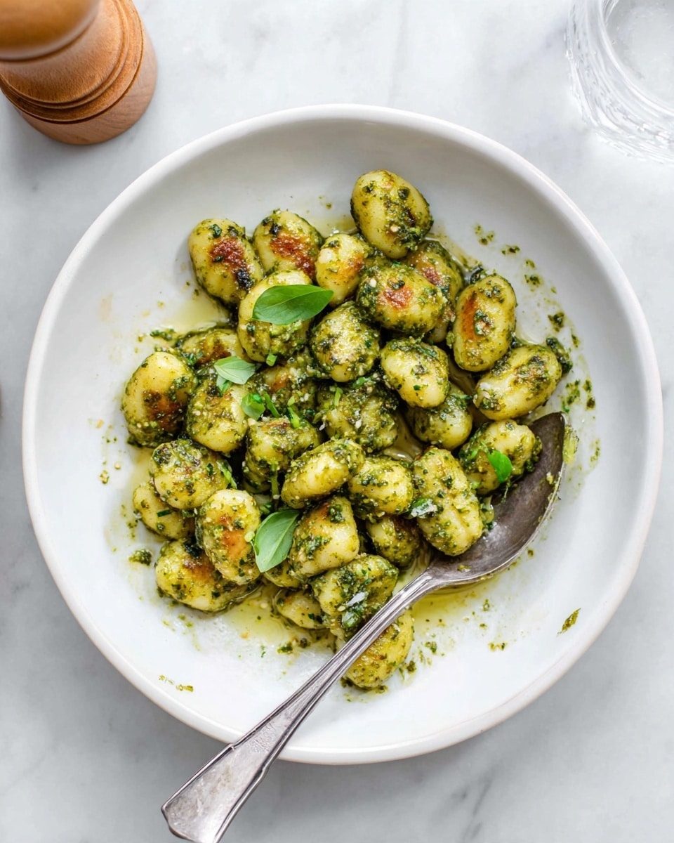 In a white bowl filled with small round gnocchi pieces, each one is coated with a vibrant green pesto sauce that has visible specks of herbs and a slightly oily texture. The gnocchi have a light golden brown sear on some sides, giving a mix of green and golden colors. A few small fresh basil leaves are scattered on top. A silver spoon is placed inside the bowl, slightly submerged under the gnocchi, and there is some extra olive oil pooling at the bottom of the bowl. The bowl sits on a white marbled surface, with part of a wooden pepper grinder and a clear glass visible nearby. photo taken with an iphone --ar 4:5 --v 7