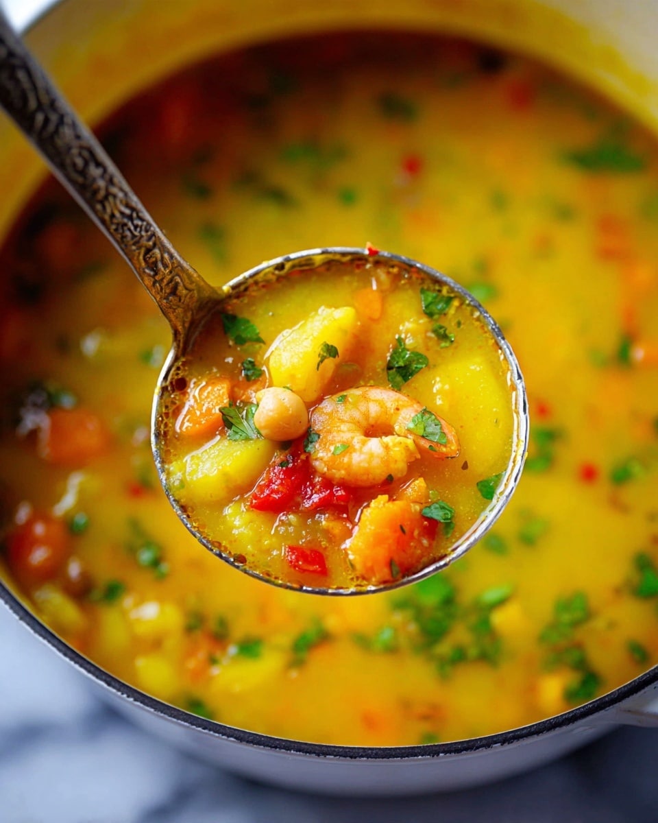A close-up image of a silver ladle filled with bright yellow soup that has visible layers of soft yellow potato pieces, orange and red chunks, chickpeas, orange shrimp, and green herbs scattered throughout, all floating in a rich and slightly oily broth. The soup inside the ladle has a smooth yet chunky texture, with small bits of red pepper and fresh green herbs on the surface. The background shows a white marbled texture and the edge of a white pan with a dark rim holding the same yellow soup with green herb flecks. photo taken with an iphone --ar 4:5 --v 7