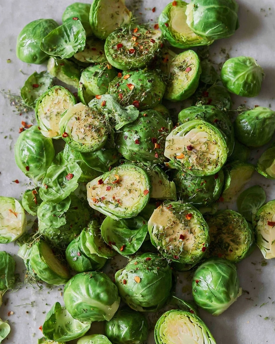 A close-up view of many halved and whole bright green Brussels sprouts spread out, sprinkled with dry herbs and red chili flakes on a white marbled surface, showing the fresh leafy texture and the cut edges, some leaves loose around the pile, photo taken with an iphone --ar 4:5 --v 7