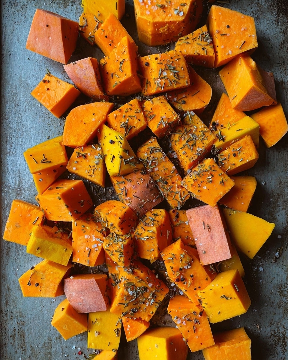 The image shows many pieces of raw sweet potato and pumpkin scattered on a grey baking tray. The sweet potato pieces are orange with smooth texture, while the pumpkin pieces are yellow and orange with slightly rougher edges. Both are cut into uneven, medium-sized chunks arranged in a random pile, sprinkled with dried herbs and spices including what looks like rosemary and pepper flakes. The grey baking tray beneath has a subtle, worn texture that contrasts with the bright colors of the vegetables. photo taken with an iphone --ar 4:5 --v 7