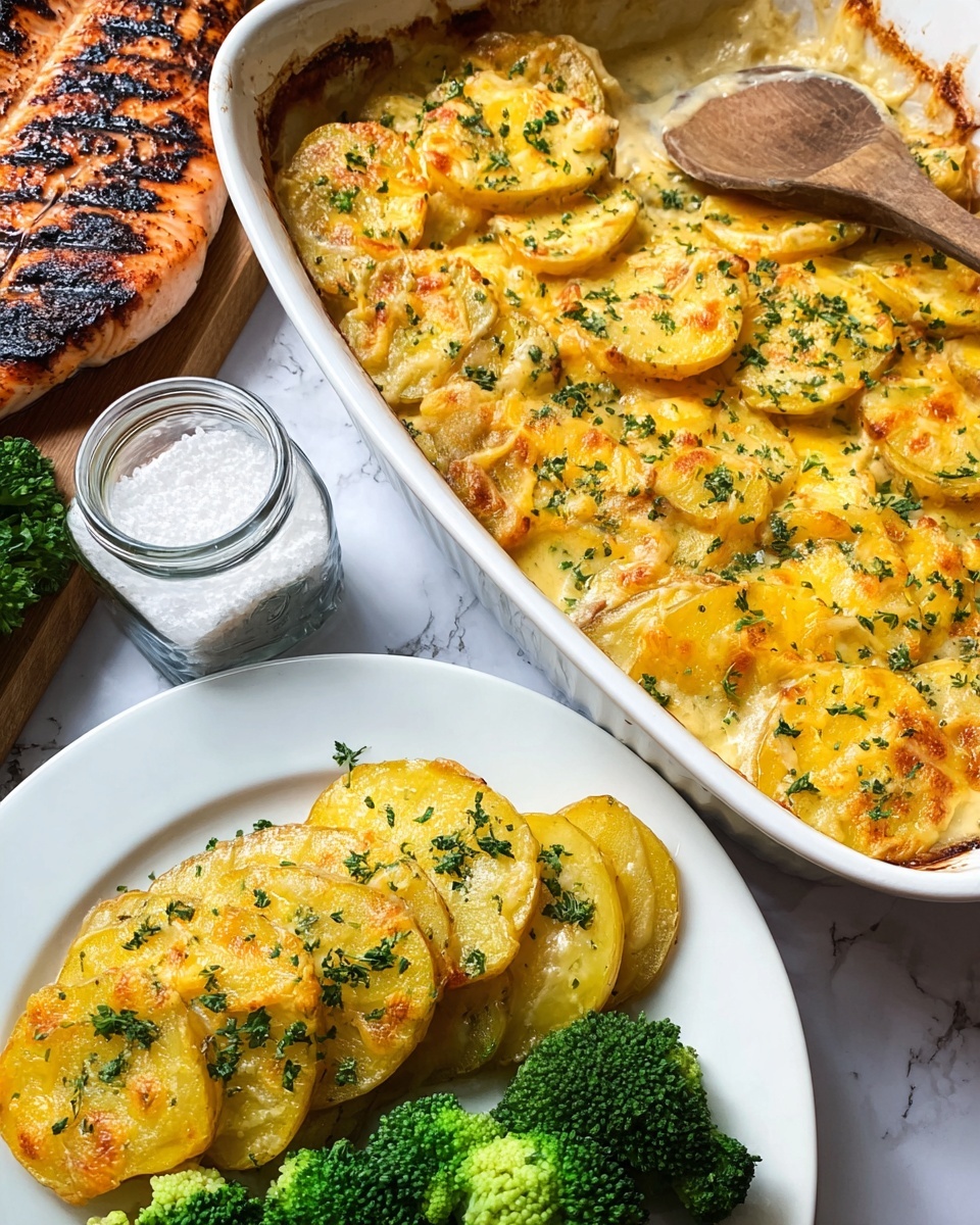 A close-up of a white baking dish filled with golden yellow potato slices covered in melted cheese and herbs, arranged in layered rows with a creamy sauce visible between the layers. Beside it, a white plate holds a similar stack of yellow potato slices topped with melted cheese and scattered green parsley, accompanied by bright green broccoli florets on one side and a grilled piece of fish with dark grill marks on the other. A small glass jar of salt sits next to the baking dish, all placed on a white marbled surface. A wooden spoon rests inside the baking dish. Photo taken with an iphone --ar 4:5 --v 7