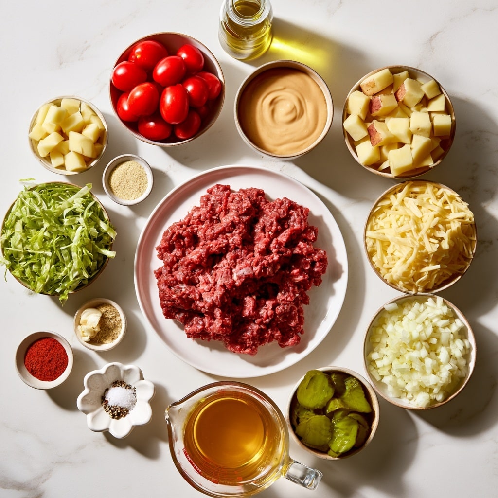 The image shows various ingredients neatly arranged on a white marbled surface. At the center, a white plate holds a thick layer of raw ground beef with a deep red texture. Surrounding it are small bowls and dishes filled with bright red cherry tomatoes, green shredded lettuce, pale yellow diced potatoes with a slight brown edge, light yellow shredded cheese, green pickle slices, and finely chopped white onions. There are also small bowls containing powdered spices like paprika and garlic powder, minced garlic, salt and pepper in a white flower-shaped dish, and onion powder. A clear measuring cup holds a golden chicken broth, and a bowl in the center contains a creamy tan Big Mac sauce. At the top, a small clear glass jar of golden olive oil is also present. The arrangement is clean and bright, casting soft shadows with a natural light source. Photo taken with an iphone --ar 4:5 --v 7