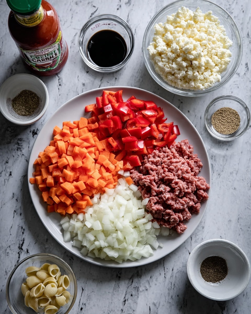 A white plate sits on a white marbled surface, holding three piles of diced vegetables arranged side by side: orange carrots on the left, white onions in the middle, and red bell peppers on the right. Around the plate are clear glass bowls containing white riced cauliflower and raw ground meat, along with a white bowl filled with small shell pasta. Nearby are small white bowls holding dark brown liquid and light brown powdered spices, plus a bottle of ground mustard seed and an upright can of tomato sauce with a green label photo taken with an iphone --ar 4:5 --v 7