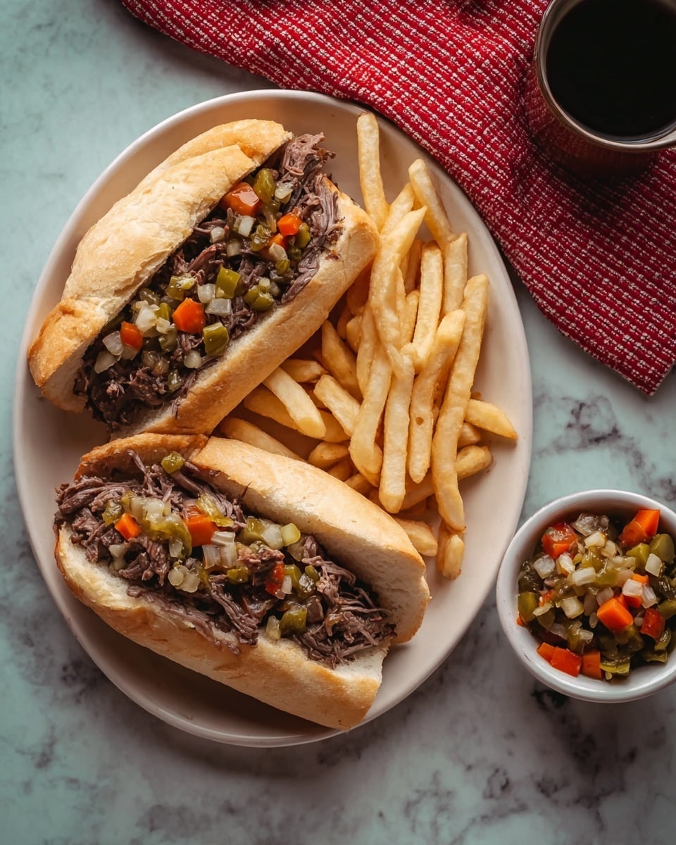 A white oval plate holds two sandwich halves with light brown toasted bread on the edges, filled with shredded, dark brown meat topped with small pieces of diced pickled vegetables in orange, green, and white colors. The plate also has thick, golden French fries stacked next to the sandwiches. Nearby to the right, there is a small white bowl filled with more diced pickled vegetables in similar colors. The background is a white marbled surface with a dark cup partially visible at the top. A red checkered cloth is placed on the left side. photo taken with an iphone --ar 4:5 --v 7