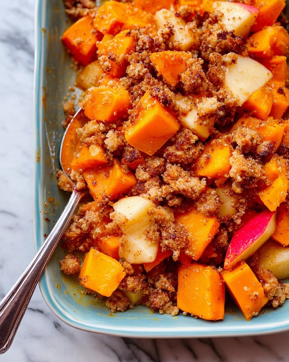 This image shows a dish with chunks of orange butternut squash mixed with pieces of apple that have red skin and white flesh. The food is topped with a crumbly brown streusel-like mixture that looks crunchy. The ingredients are in a white baking dish, and there is a silver spoon partly visible at the bottom left. The whole dish is set on a white marbled surface. The colors are warm, with bright orange, red, and light brown shades. photo taken with an iphone --ar 4:5 --v 7