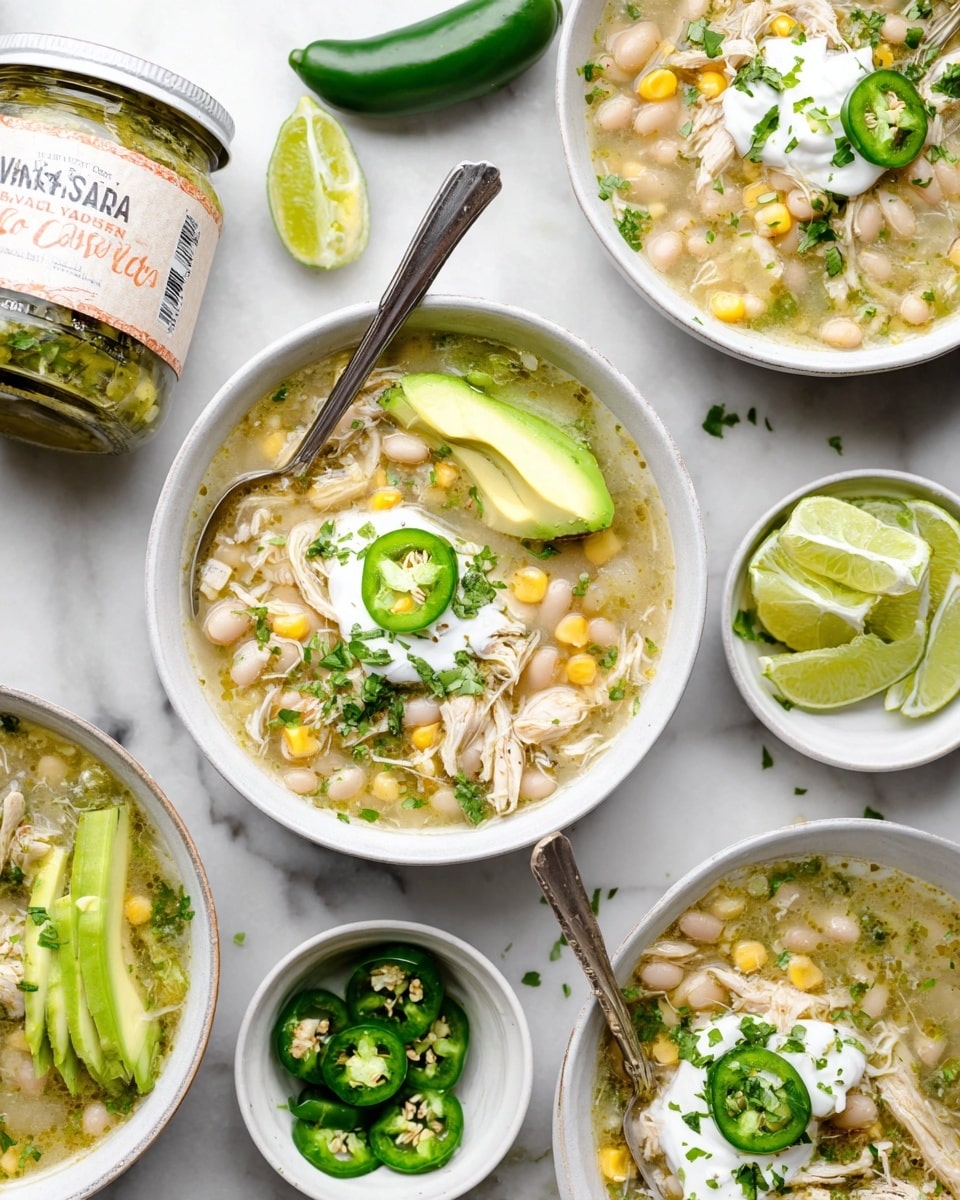The image shows several white bowls of green chicken chili soup on a white marbled surface. Each bowl has a light greenish broth with shredded chicken, white beans, and corn visible in the soup. On top, there is a dollop of white sour cream, chopped green onions, and small green herb pieces. One bowl has two slices of bright green avocado and jalapeno slices placed on the edge. There is a metal spoon in one bowl, partially submerged in the soup. Around the bowls, there are lime wedges, small white bowls with sliced jalapeno and green herbs, and a jar of Trader Joe's Salsa Verde with a white lid placed on the left side of the image. photo taken with an iphone --ar 4:5 --v 7
