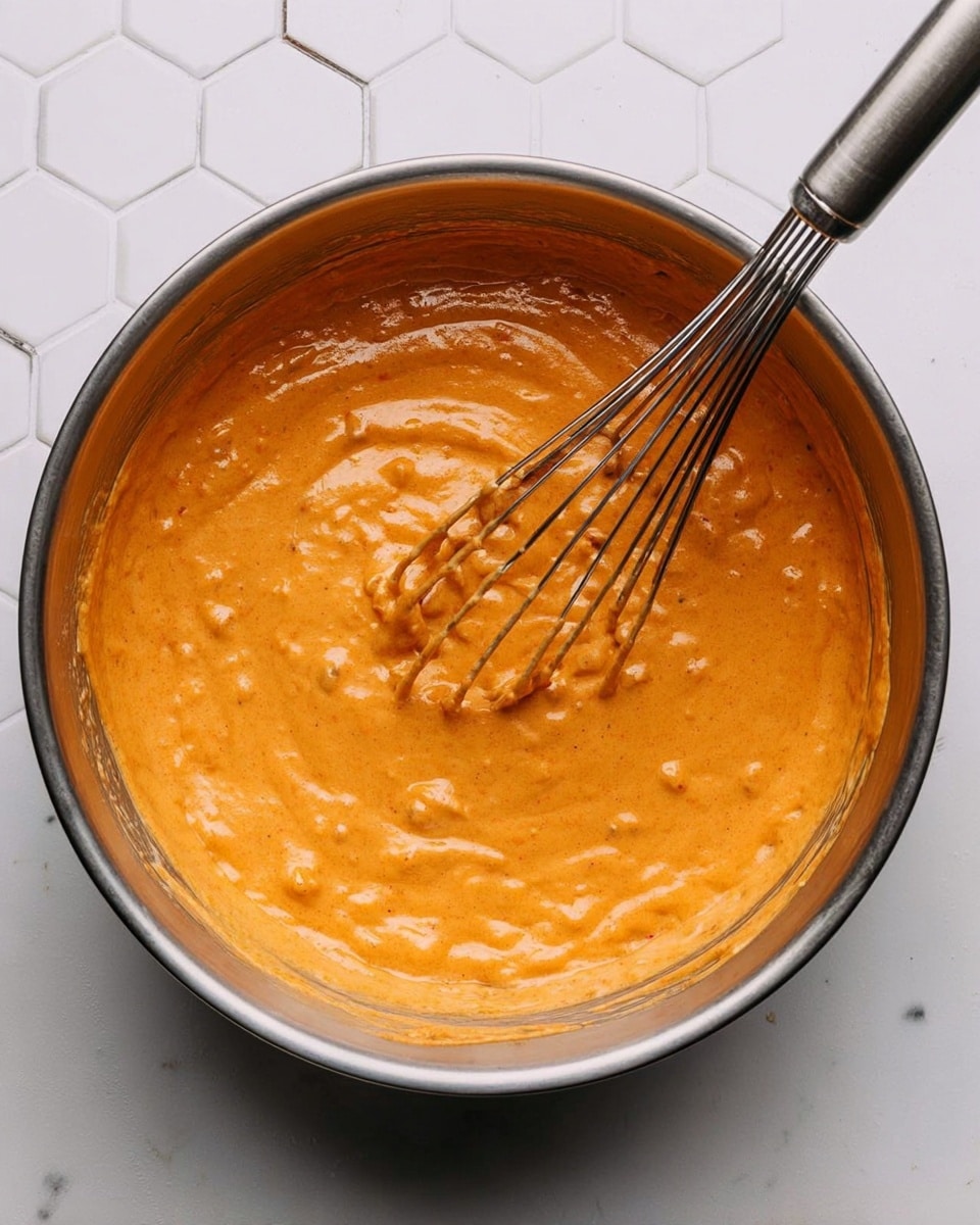 A shiny metal bowl filled with thick, smooth orange batter with small lumps throughout. A metal whisk rests in the bowl, partly covered in the batter, showing movement and texture in the mix. The bowl sits on a white marbled surface with a subtle hexagon tile pattern under it. The batter's color is a warm, vibrant orange with a slightly creamy texture, spread evenly inside the bowl. photo taken with an iphone --ar 4:5 --v 7