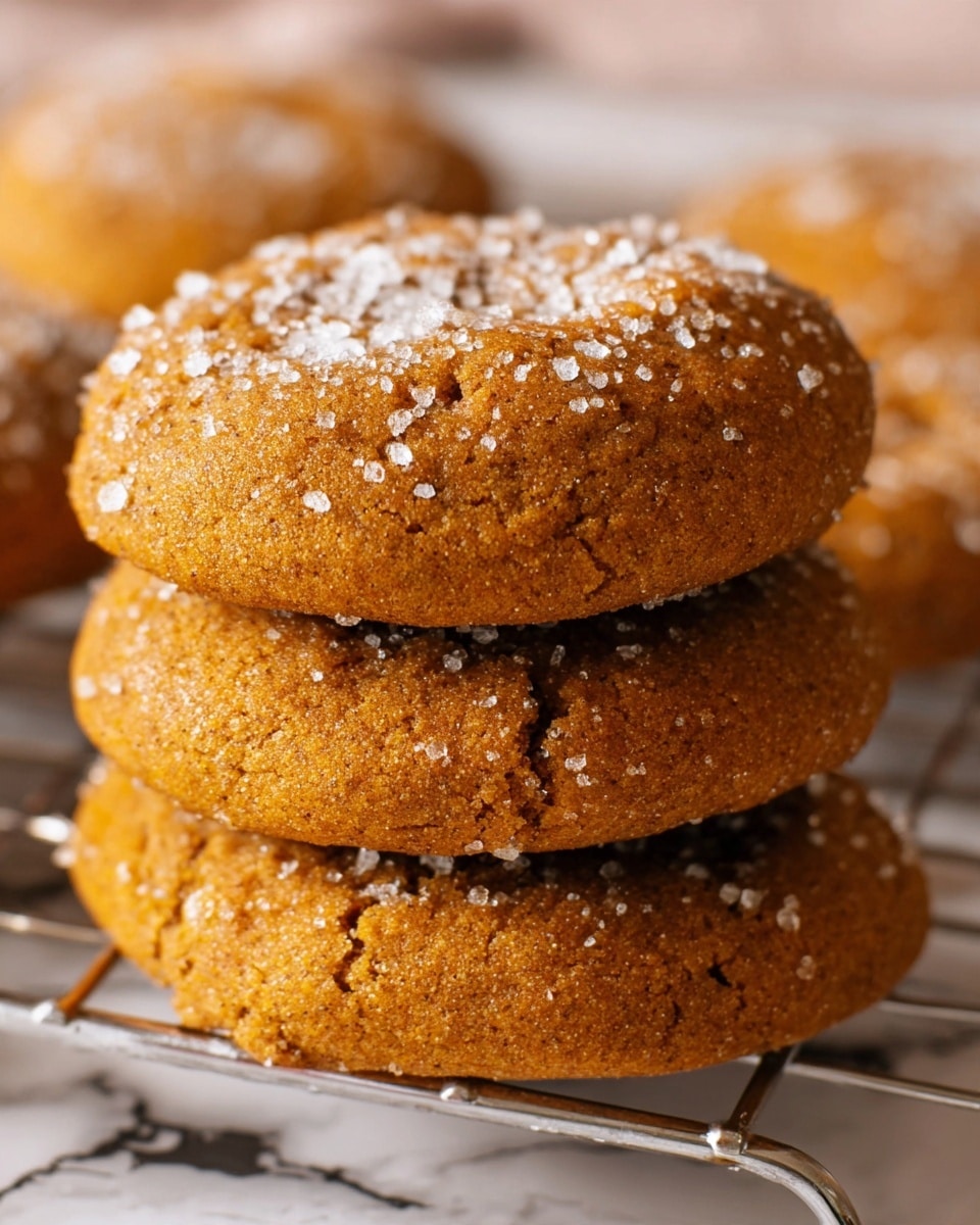 A close-up image showing a stack of three thick, round ginger cookies with a golden-brown color, sitting on a wire cooling rack. Each cookie has a slightly rough texture and is sprinkled with white sugar crystals on top, adding a sparkle effect. The cookies in the background are slightly out of focus, giving depth to the image, with a soft, white marbled surface beneath the rack. The photo taken with an iphone --ar 4:5 --v 7