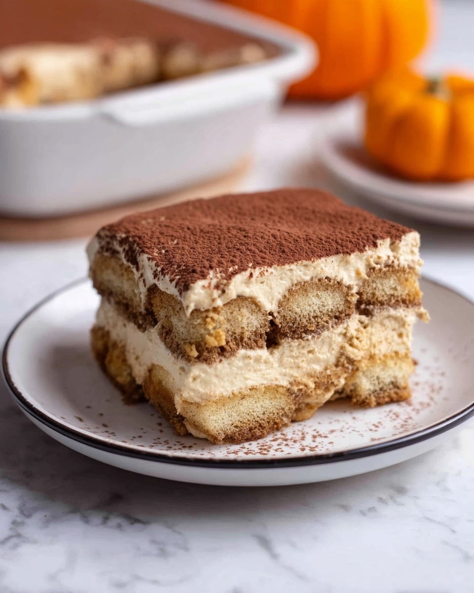 A square slice of layered dessert sits on a white plate with a subtle black rim, showing three layers of soft, light brown spongy biscuit soaked in coffee, alternating with creamy, pale beige mascarpone filling. The top is dusted with a smooth layer of dark brown cocoa powder. The plate is on a white marbled surface, and in the background, part of a white dish filled with the same dessert can be seen next to a small orange pumpkin. photo taken with an iphone --ar 4:5 --v 7