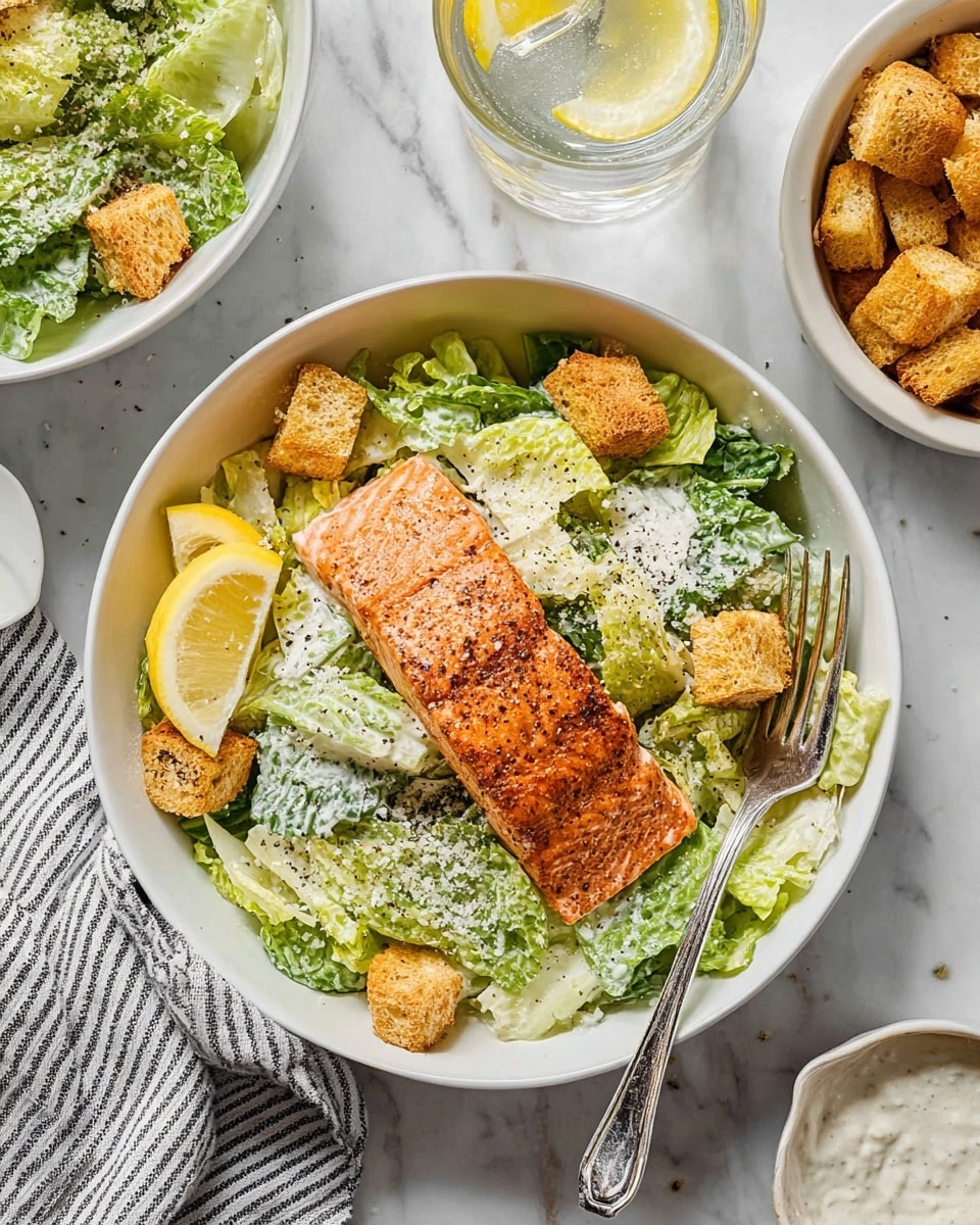 A white bowl filled with three visible layers: at the bottom, vibrant green romaine lettuce coated with creamy white dressing, sprinkled with black pepper and grated cheese; on top of the lettuce, golden brown croutons placed evenly around; a large, rectangular piece of cooked salmon with a crispy, orange-brown outer crust sits in the center. A wedge of lemon with both yellow and white parts is placed on the left side of the bowl. A silver fork rests on the right edge of the bowl between the salmon and the lettuce. Around the bowl, there is a glass of water with a lemon slice on a white marbled surface, a white bowl filled with more croutons, a small glass dish with white creamy dressing, and the corner of another white bowl with lettuce. A gray and white striped cloth is visible on the bottom left. Photo taken with an iphone --ar 4:5 --v 7