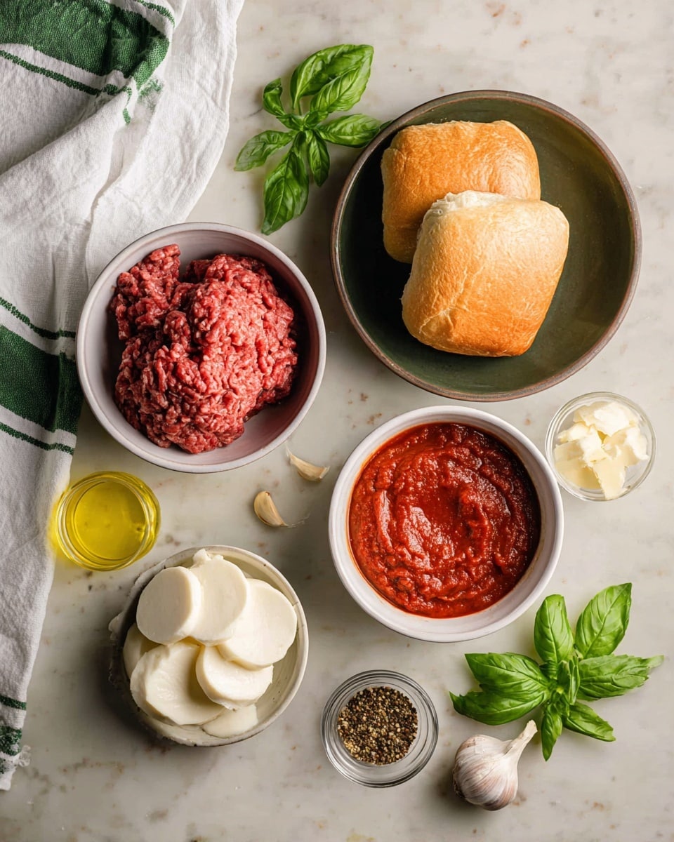 The image shows fresh food ingredients arranged on a white marbled surface. There are three golden brown square bread rolls stacked inside a dark bowl at the top center. Below and to the left of the rolls is a white bowl filled with raw ground beef, which is bright red and textured. To the right of the beef is another white bowl with a thick, chunky red tomato sauce. Below the sauce is a small glass bowl with yellow melted butter. To the bottom center is a white bowl containing several round slices of white cheese with a soft texture. Scattered around are fresh bright green basil leaves, garlic cloves, and a small bowl with mixed spices in white, brown, and black colors. A white towel with green stripes is placed on the left side. photo taken with an iphone --ar 4:5 --v 7