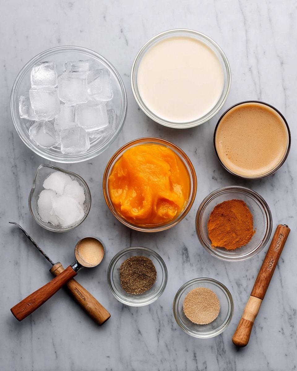 The image shows several small clear glass bowls and two wooden-handled measuring cups arranged neatly on a white marbled surface. There are ice cubes in one bowl, bright orange puree in another, and a light brown liquid in a third. A creamy white sauce fills a medium bowl, while a larger bowl holds a white liquid. The two measuring cups contain a fine orange-brown powder and the smaller clear bowl has three different spices in small quantities with earthy browns and beige tones. photo taken with an iphone --ar 4:5 --v 7