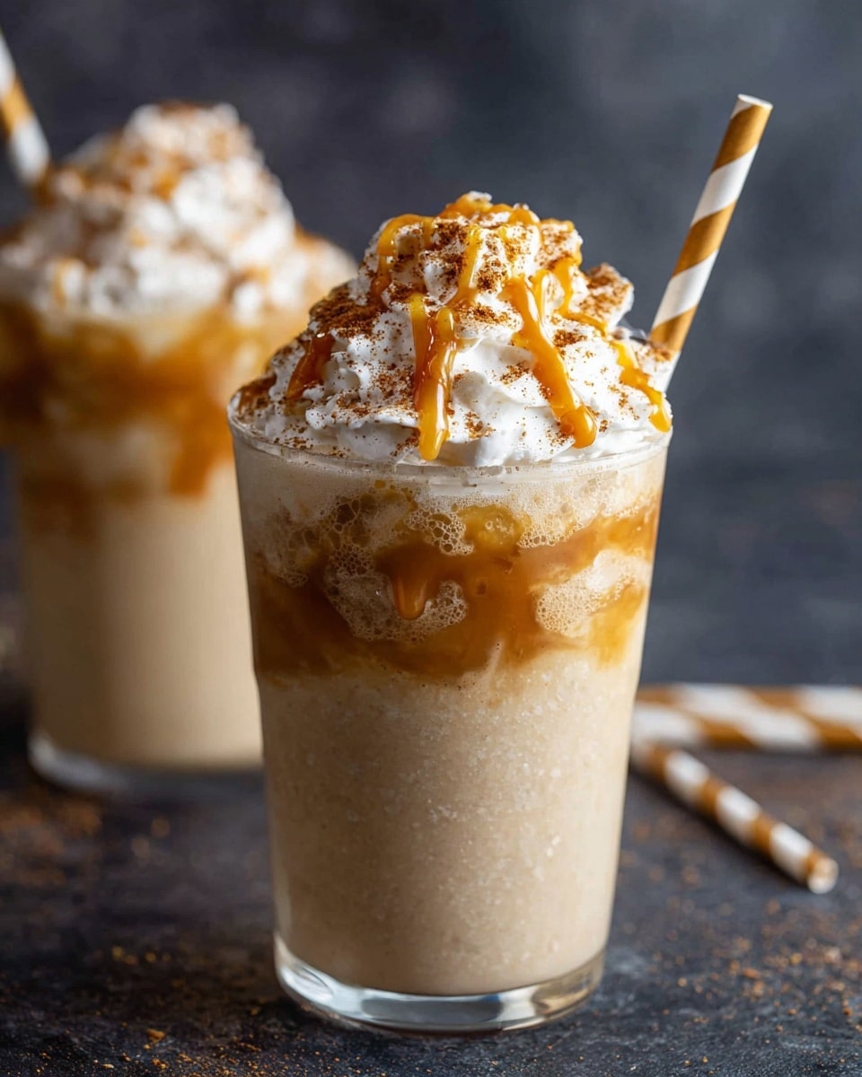 The image shows two clear glass cups filled with a layered drink. The bottom layer is a light beige creamy liquid, topped with a frothy light brown layer. The top layer is a large mound of white whipped cream, drizzled with golden caramel sauce and sprinkled with brown spice powder. Each cup has a striped paper straw inserted on the right side. The glasses are placed on a dark textured surface, with one glass in sharp focus in the front and the other blurred in the background. photo taken with an iphone --ar 4:5 --v 7