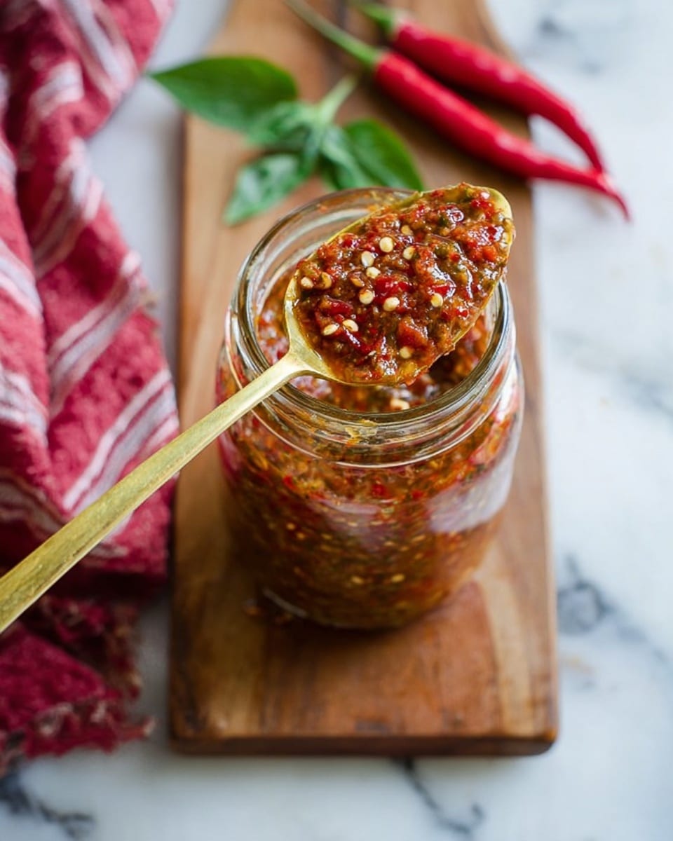 The image shows a close-up of a golden spoon holding a chunky red and brown sauce with visible seeds and small bits of herbs, positioned in front of a clear jar filled with the same sauce. The jar is placed on a wooden board over a white marbled surface. To the left, there is a red and white striped cloth, and in the background, two red chili peppers and a green herb leaf rest on the wooden board. The texture of the sauce is thick and coarse with oily highlights. Photo taken with an iphone --ar 4:5 --v 7