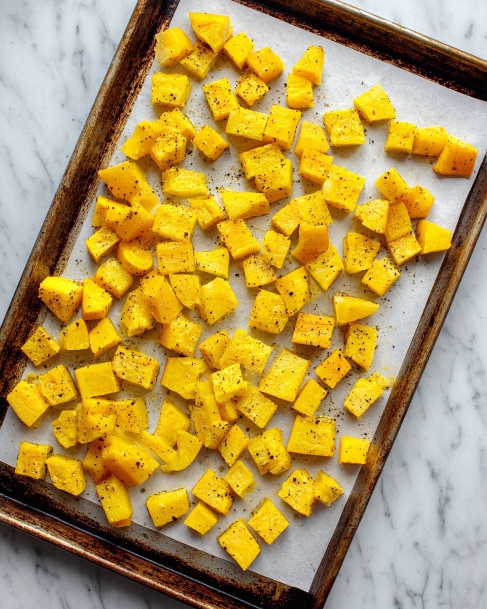 This image shows a baking tray lined with white parchment paper on a white marbled surface. On the tray, there are many small pieces of cooked yellow squash, cut into cubes and irregular shapes. The squash pieces have a soft texture with some slight browning on the edges, and they are sprinkled lightly with black pepper flakes. The tray is metal with visible dark and worn edges, creating a contrast with the bright yellow squash. photo taken with an iphone --ar 4:5 --v 7
