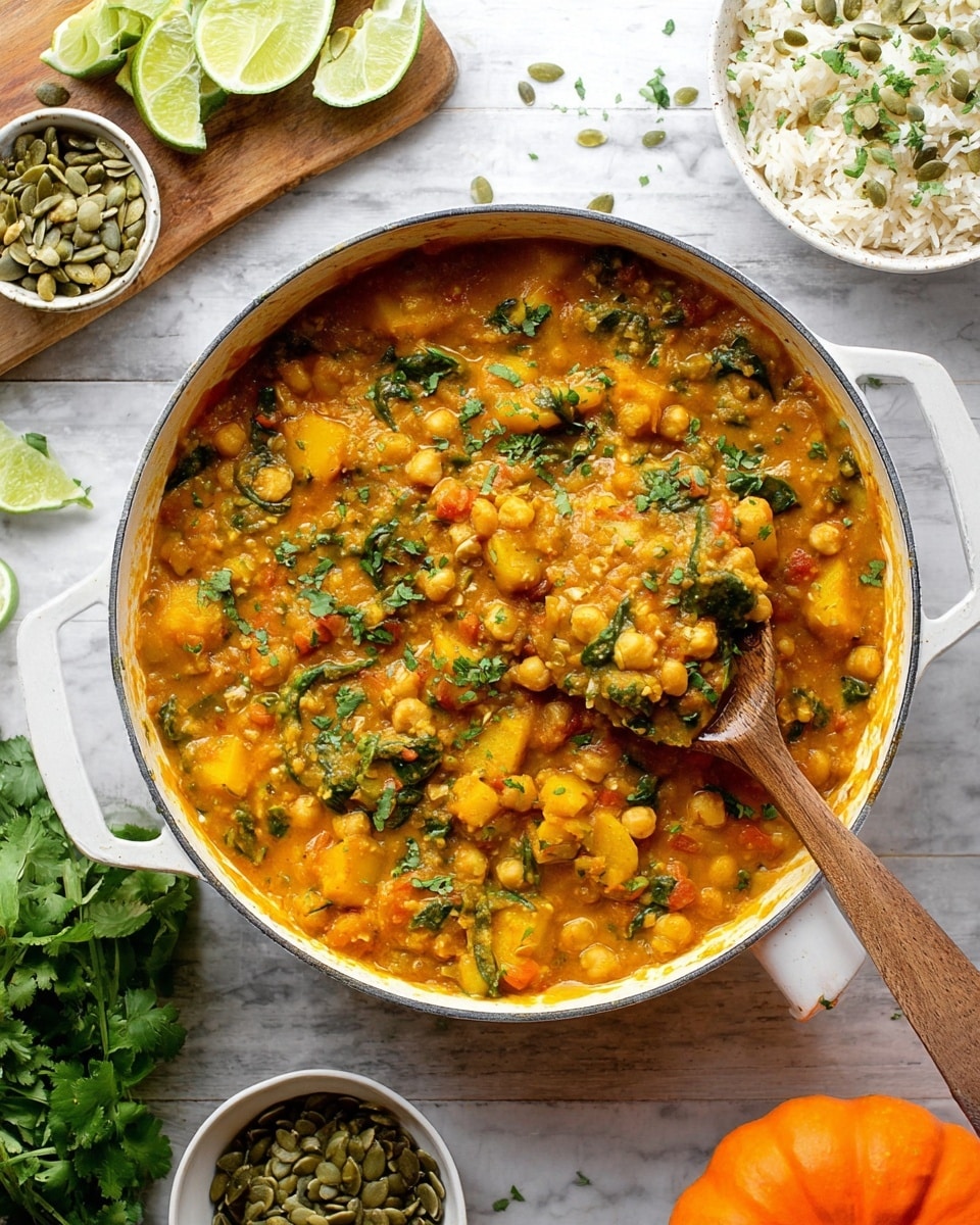 A shallow white pan filled with a thick, orange curry that has visible chunks of yellow squash, chickpeas, and green spinach leaves mixed throughout. The curry is sprinkled with fresh finely chopped green herbs on top, adding a touch of brightness. A wooden spoon is resting inside the pan, lifting a scoop that shows the thick texture and colorful mix of ingredients. Around the pan, there are lime wedges, a bunch of fresh cilantro on a wooden cutting board, a small white bowl with green pumpkin seeds, and a white bowl of rice topped with lime wedges. The setup is on a white marbled surface with a small orange pumpkin nearby. Photo taken with an iphone --ar 4:5 --v 7