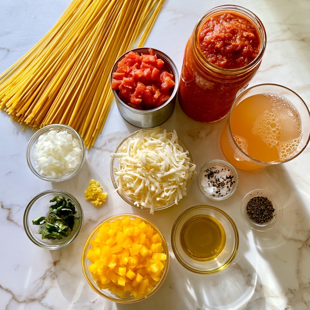 A white marbled surface is covered with ingredients for a pasta dish laid out neatly. At the top left, a bundle of uncooked yellow spaghetti lies fanned out. Below the spaghetti is a small clear bowl full of white chopped onion, next to it is a similar bowl with small green basil leaves. A tiny bowl of yellow minced garlic is near the basil. In the center, a clear bowl filled with shredded white mozzarella cheese and below it, an equal-sized bowl of bright yellow diced bell pepper. To the right of the cheese bowl is a small bowl of mixed white salt and black pepper. Above the cheese, an open can of bright red diced tomatoes is alongside a tall jar filled with red marinara sauce. To the right of the jar is a clear glass filled with light orange chicken broth with bubbles on top. Near the broth is a small glass bowl of golden olive oil, and next to it is a tiny bowl of dark Italian seasoning. Everything is shown on the white marbled surface in bright natural light photo taken with an iphone --ar 4:5 --v 7