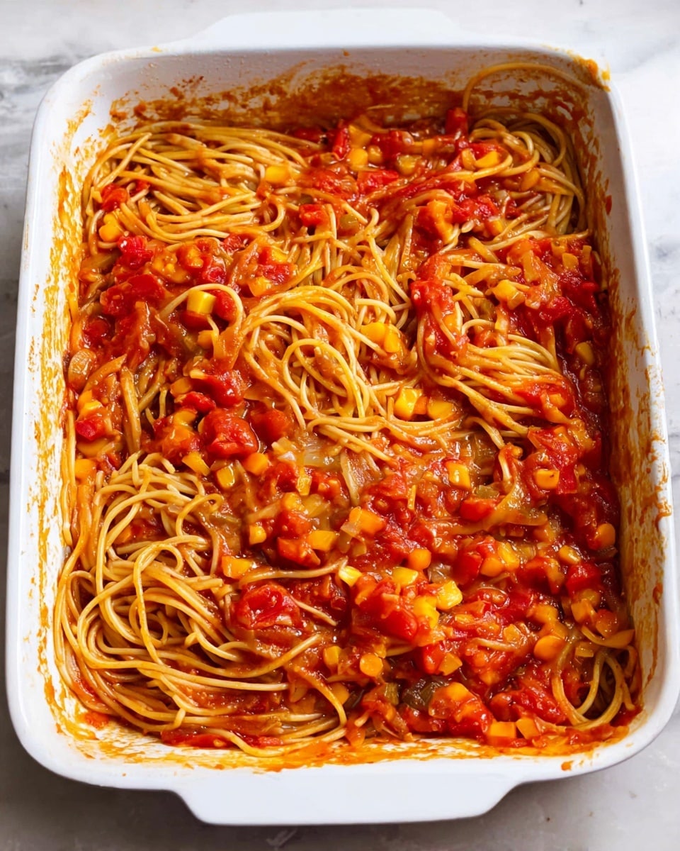 A white rectangular baking dish filled with spaghetti noodles mixed in a bright red tomato sauce. The sauce has visible chunks of tomatoes, orange and yellow diced vegetables spread throughout the dish. The noodles are lightly coated and partly swirled into the sauce, giving a textured look with both smooth pasta strands and thick sauce pieces. The edges of the baking dish have some sauce splashes. The dish sits on a white marbled surface. Photo taken with an iphone --ar 4:5 --v 7