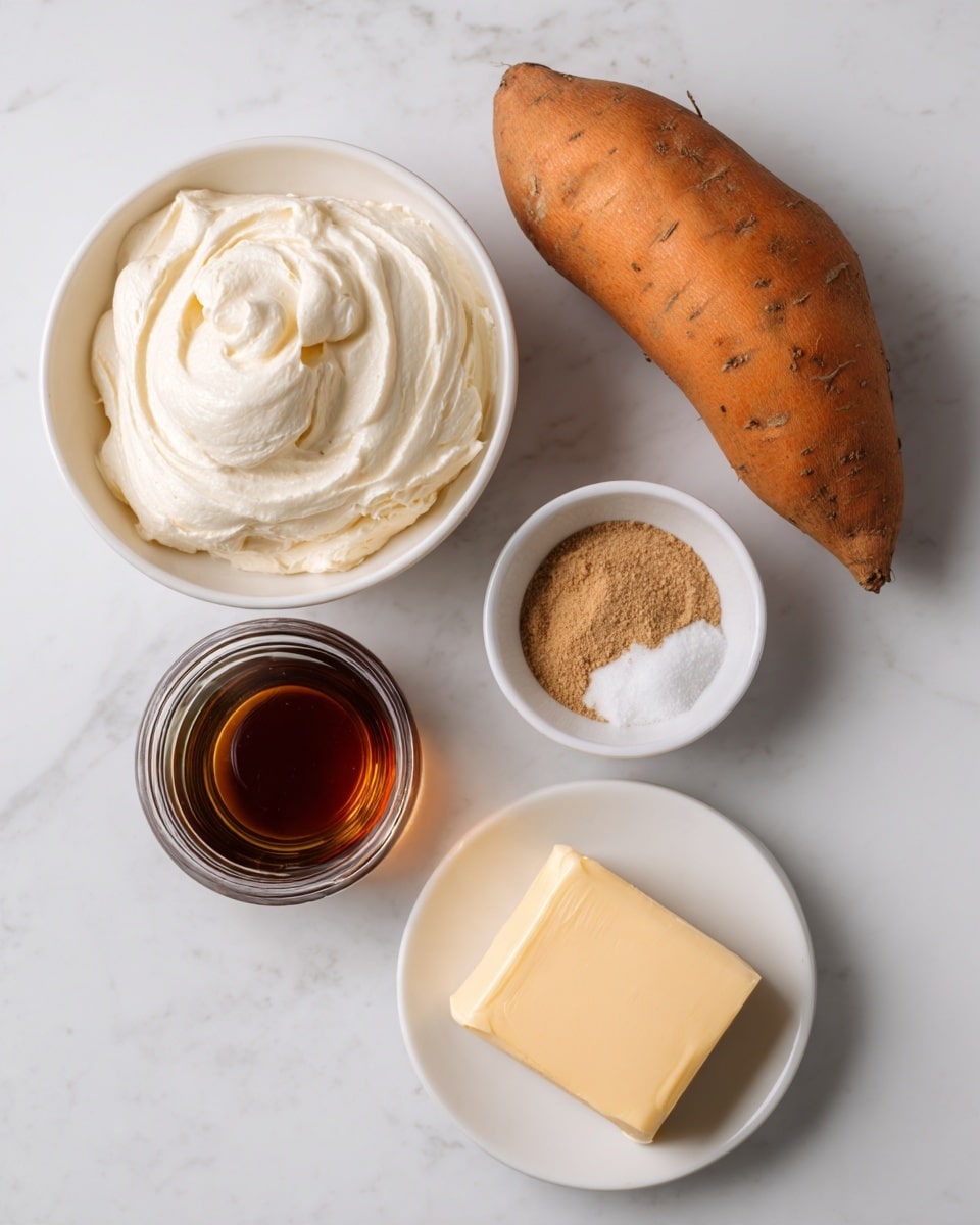 The image shows five ingredients placed separately on a white marbled surface. At the top right, there is a single whole sweet potato with a rough orange skin. Below it to the left is a round white bowl filled with smooth, creamy white mascarpone cheese with swirled texture on top. To the right of mascarpone is a small white bowl containing a light brown nutmeg powder. Below mascarpone, there is a glass jar filled with dark amber maple syrup. At the bottom right, a white plate holds a solid rectangular piece of pale yellow butter. Each ingredient is labeled with black text on white rectangles: