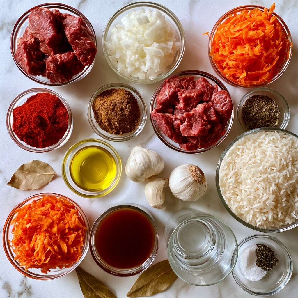 The image shows various ingredients arranged neatly on a white marbled surface. There are twelve glass bowls and containers, each holding different items: bright red chuck roast chunks in a medium bowl; finely chopped white onion in another medium bowl; shredded bright orange carrots in a smaller bowl; a small bowl with deep red paprika powder; another small bowl containing brown cumin powder; a tiny bowl filled with mixed Italian seasoning; a small glass dish with bright golden olive oil; two whole garlic bulbs placed directly on the surface; a large bowl filled with white rice grains; a glass with dark brown beef broth; a clear glass of water; two dried bay leaves placed on the surface; and a tiny clear bowl with salt and black pepper. Each ingredient is labeled clearly with white text boxes and black letters. Photo taken with an iphone --ar 4:5 --v 7