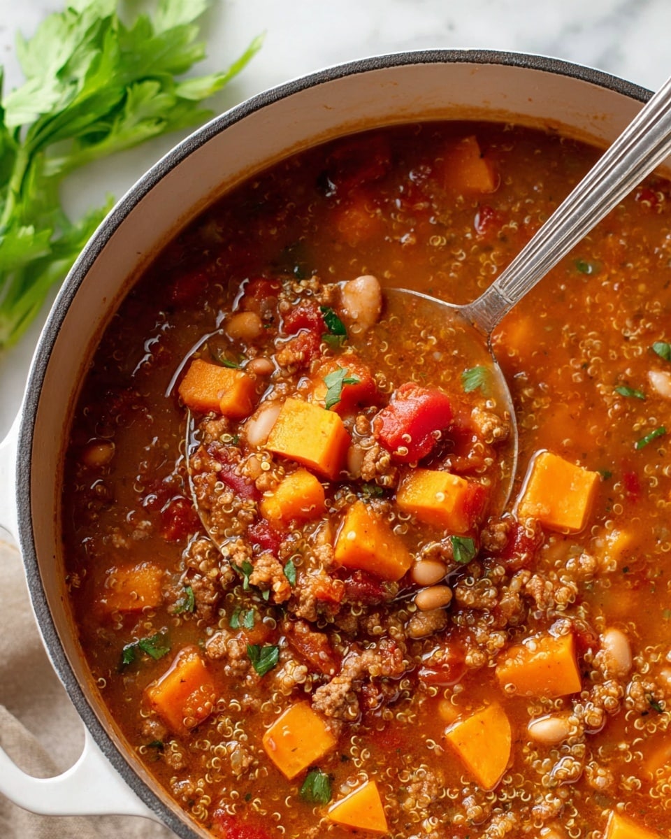 The image shows a close-up of a white pot filled with thick stew. The stew has visible layers of soft orange cubes of sweet potato, small light brown beans, red tomato chunks, and minced meat mixed with tiny quinoa grains. The soup base has a thick, brownish-red color with herbs sprinkled on top. A silver ladle is partially dipped into the pot, holding a mix of all the ingredients. In the background, you can see some green celery leaves on a white marbled surface. Photo taken with an iphone --ar 4:5 --v 7