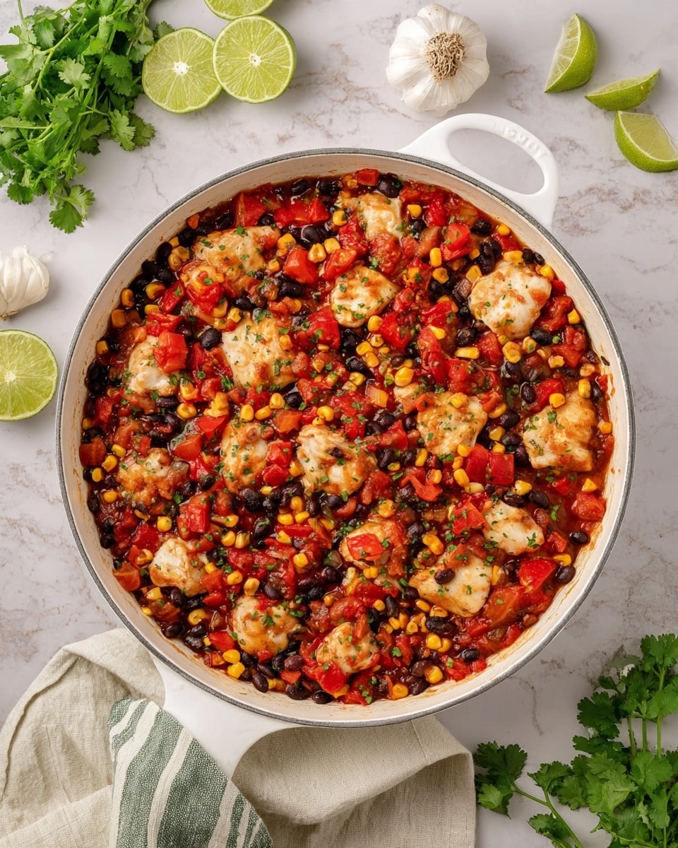 A white pan filled with a colorful mix of cooked ingredients in three main layers: large pale pieces of chicken on the bottom and scattered on top, with a thick layer of bright red diced tomatoes mixed with black beans and small yellow corn kernels covering the chicken. The texture looks chunky and juicy, with a bit of sauce surrounding the layers. Around the pan on a white marbled surface, there are whole garlic bulbs with some loose cloves, fresh green cilantro leaves, and lime wedges arranged nearby, with a beige and green striped cloth tucked under the pan handle photo taken with an iphone --ar 4:5 --v 7