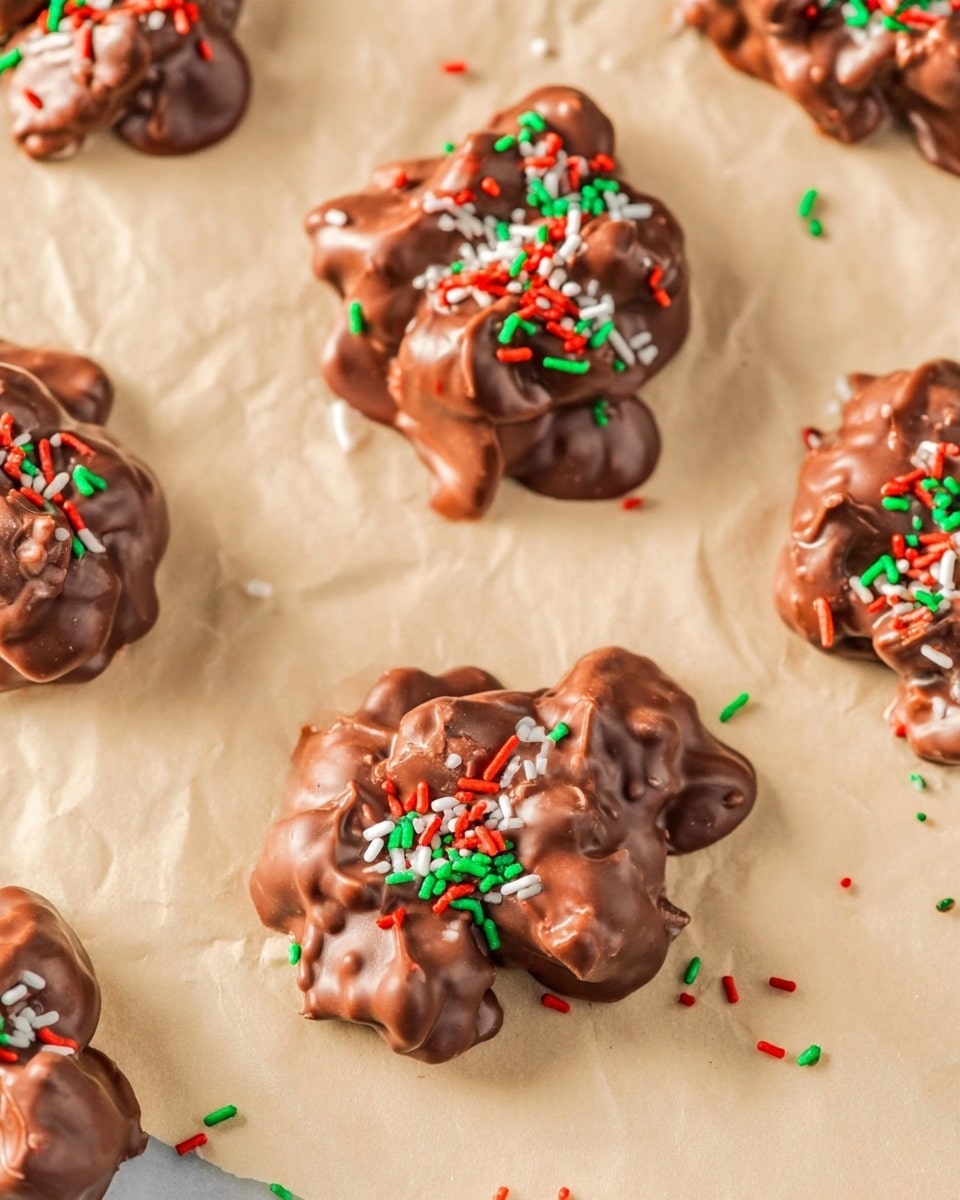 Several small clusters of milk chocolate candy are shown scattered over light tan parchment paper on a white marbled surface. Each cluster has 2-3 irregular, uneven layers of glossy melted chocolate with a bumpy texture. Colorful sprinkles in red, green, and white are sprinkled on top of and around the chocolate clusters, adding a bright contrast to the smooth, rich brown chocolate. The photo is clear, bright, and taken with an iphone --ar 4:5 --v 7