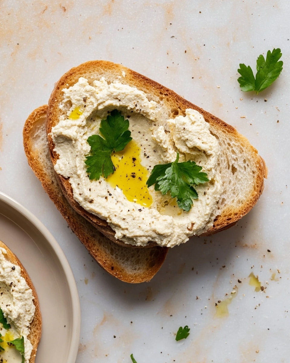 Two slices of light brown bread lie flat on a white marbled surface, with one slice on top of the other. The top slice is covered with a thick layer of creamy, off-white spread that has a slightly rough texture. A small pool of yellow olive oil shines in the middle of the spread, surrounded by three green cilantro leaves evenly placed over it. Small bits of black pepper are sprinkled across the spread and white marbled surface nearby. On the left edge, part of a white plate is visible with more of the creamy spread and olive oil inside it. Photo taken with an iphone --ar 4:5 --v 7