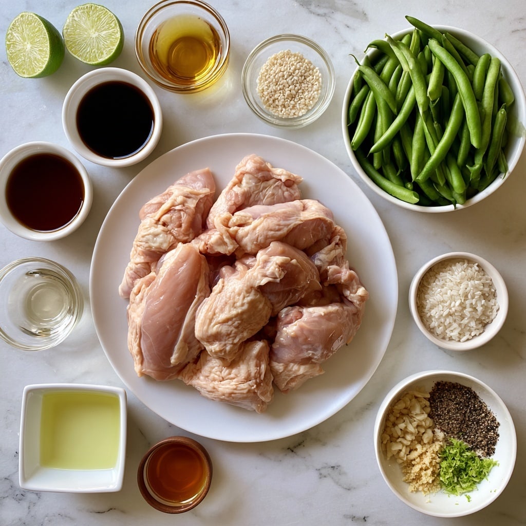 A white plate on a white marbled surface holds pieces of raw light pink chicken arranged loosely in the center. Around it, various small white bowls and glass containers hold different ingredients: light green lime halves near the top left, a small glass bowl with golden sesame oil above the plate, a dark brown liquid in a white bowl below the limes, white sesame seeds in a clear glass bowl near the middle, and bright green beans filling a white bowl to the right of the chicken. Below these, a small white bowl with white rice grains is placed to the left of the green beans. Near the bottom right corner, a white bowl contains minced garlic, ground ginger, black pepper, and lime zest. A small square white bowl with pale yellow avocado oil and a small clear glass bowl with rice vinegar sit near the left side, along with a tiny brown bowl holding amber-colored honey. The whole scene sits neatly on a white marbled surface. Photo taken with an iphone --ar 4:5 --v 7