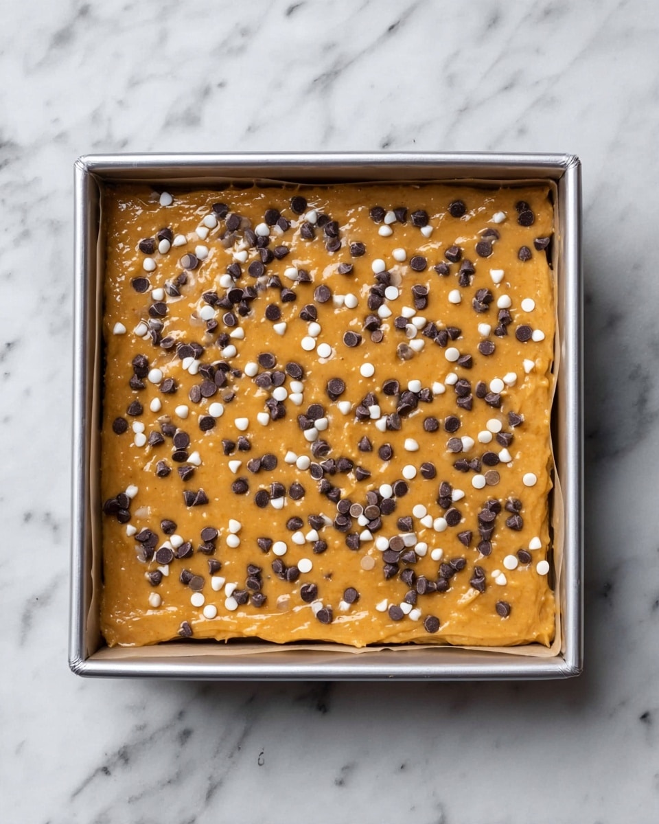 A square metal baking pan lined with light brown parchment paper holds an uncooked orange batter spread evenly to the edges. The batter is smooth with small white and dark chocolate chips sprinkled all over the top in a random pattern. The pan sits on a white marbled surface, showing natural grey veining. The texture of the batter looks thick and creamy, with the chips adding a bumpy contrast across the top. photo taken with an iphone --ar 4:5 --v 7
