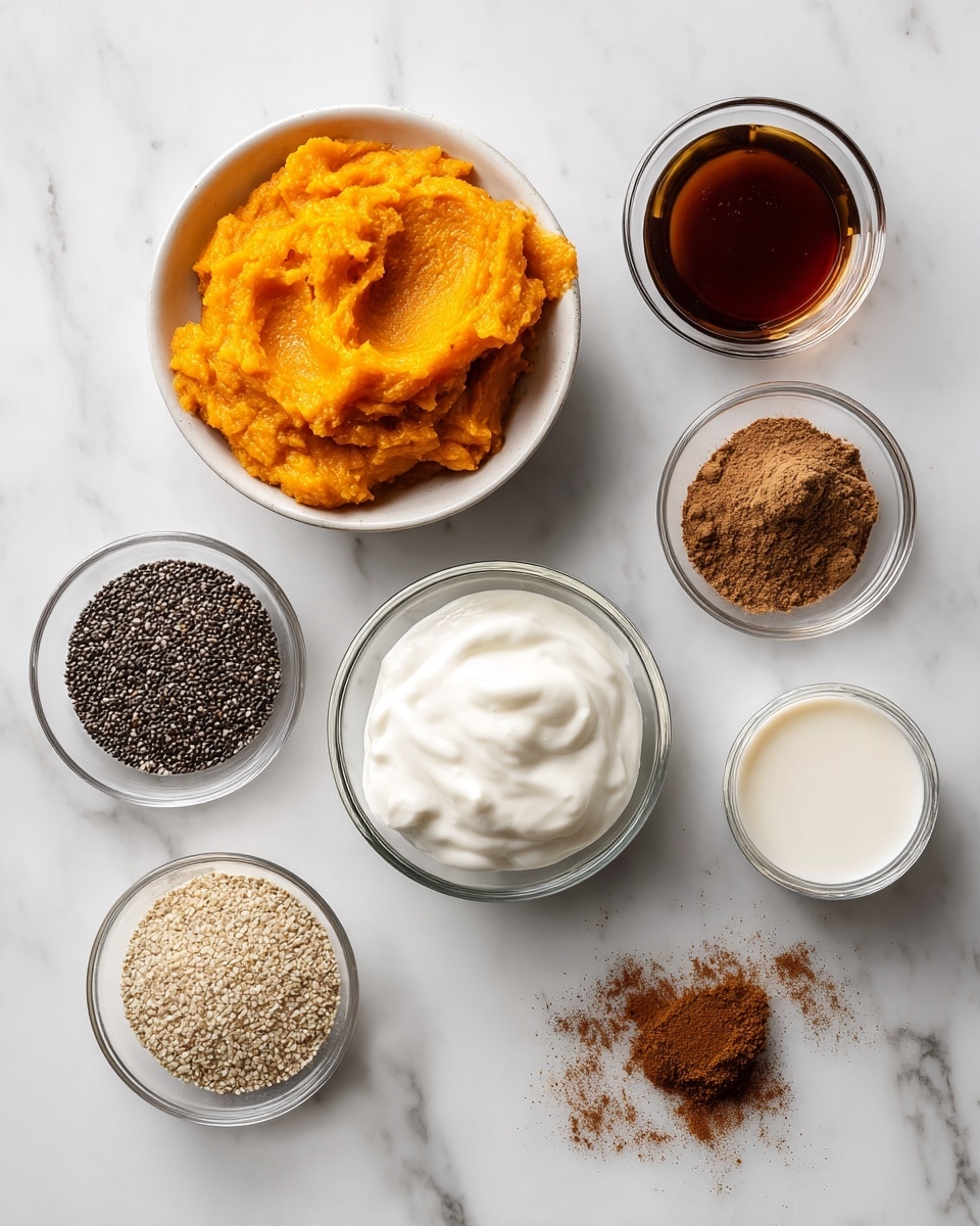 The image shows small white bowls and clear glass bowls arranged on a white marbled surface. There is a bowl filled with bright orange pumpkin puree, a clear bowl with thick white Greek yogurt, a small bowl with dark amber maple syrup, another small bowl with brown cinnamon powder, a tiny bowl with light beige ground ginger powder spilled a bit outside, a clear glass bowl filled with tiny black and white chia seeds, a small bowl with dark brown vanilla extract, and a small bowl with white milk. The bowls are neatly placed with different textures and colors visible. Photo taken with an iphone --ar 4:5 --v 7