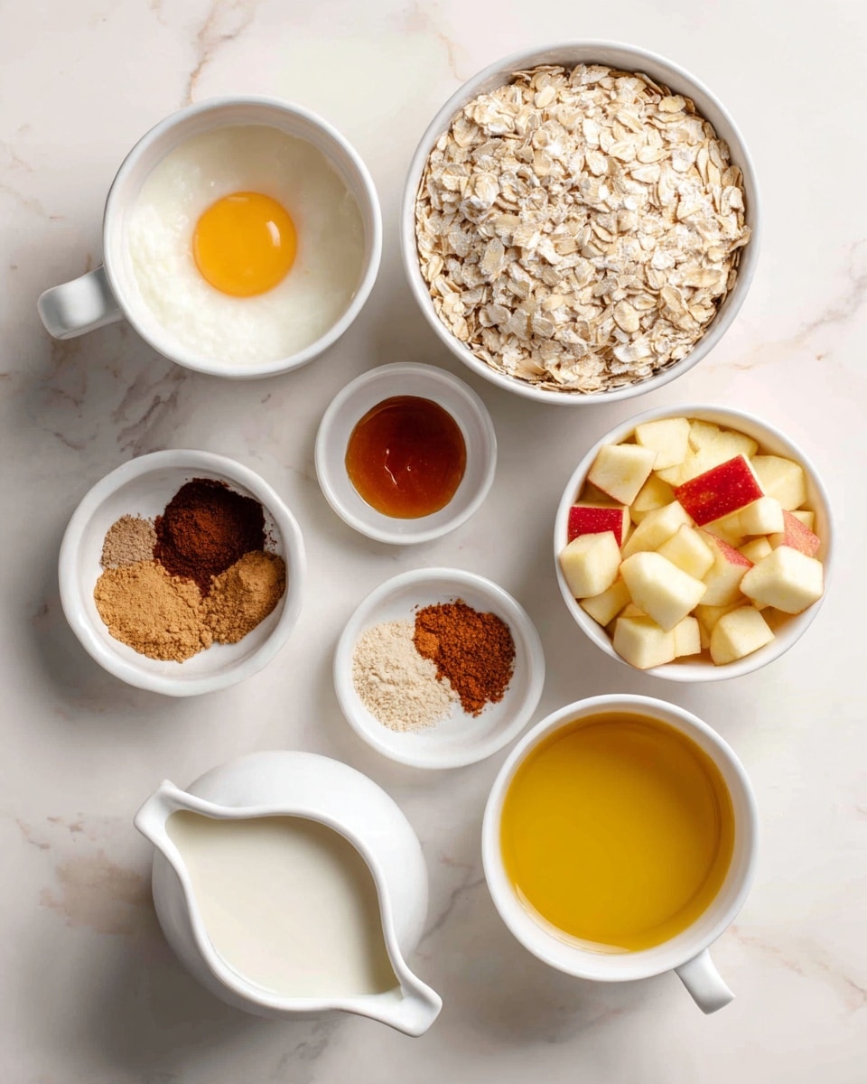 The image shows several white bowls and cups arranged on a white marbled surface, each containing a different ingredient. In the top right, a full white bowl holds old fashioned oats, light beige with a rough texture. Below it to the right, another white bowl contains small, cubed apples with pale yellow and light red skins. On the top left, a smaller white bowl has a raw egg with a smooth, transparent white and bright yellow yolk in the middle. In the center left, a small white bowl contains three powders: dark brown cinnamon, light beige nutmeg, and a reddish-brown ground ginger. Below this, a white bowl holds amber-colored maple syrup, smooth and glossy. To the bottom left, a white pitcher is filled with creamy almond milk. On the bottom right, a white cup holds yellow olive oil with a shiny surface. The image is top-down and well-lit, showing each ingredient clearly. Photo taken with an iphone --ar 4:5 --v 7