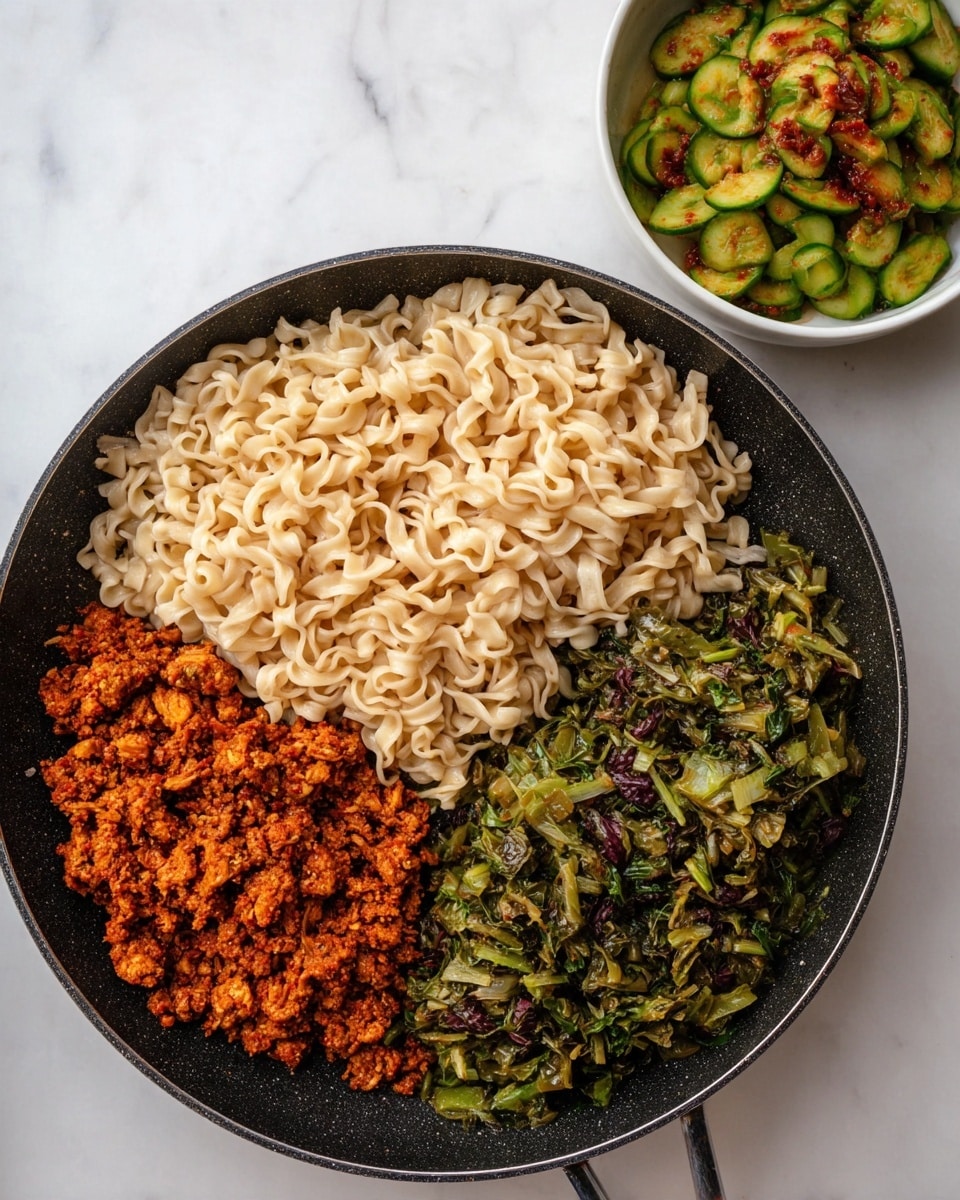 A dark pan sits on a white marbled surface, holding three clear layers of food. On the left is a bright reddish-brown cooked mixture that looks soft and sticky, likely a seasoned minced meat or protein. In the middle is a large heap of pale beige cooked noodles with a wavy texture. On the right side is a mix of chopped green leafy vegetables with some light brown and purple bits, showing a cooked and slightly crispy texture. In the top right corner, a white bowl filled with sliced green cucumber pieces mixed with a spicy red sauce sits on the same white marbled background. photo taken with an iphone --ar 4:5 --v 7